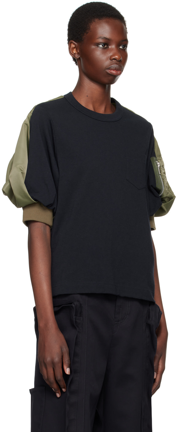sacai: Navy & Khaki Paneled T-Shirt | SSENSE