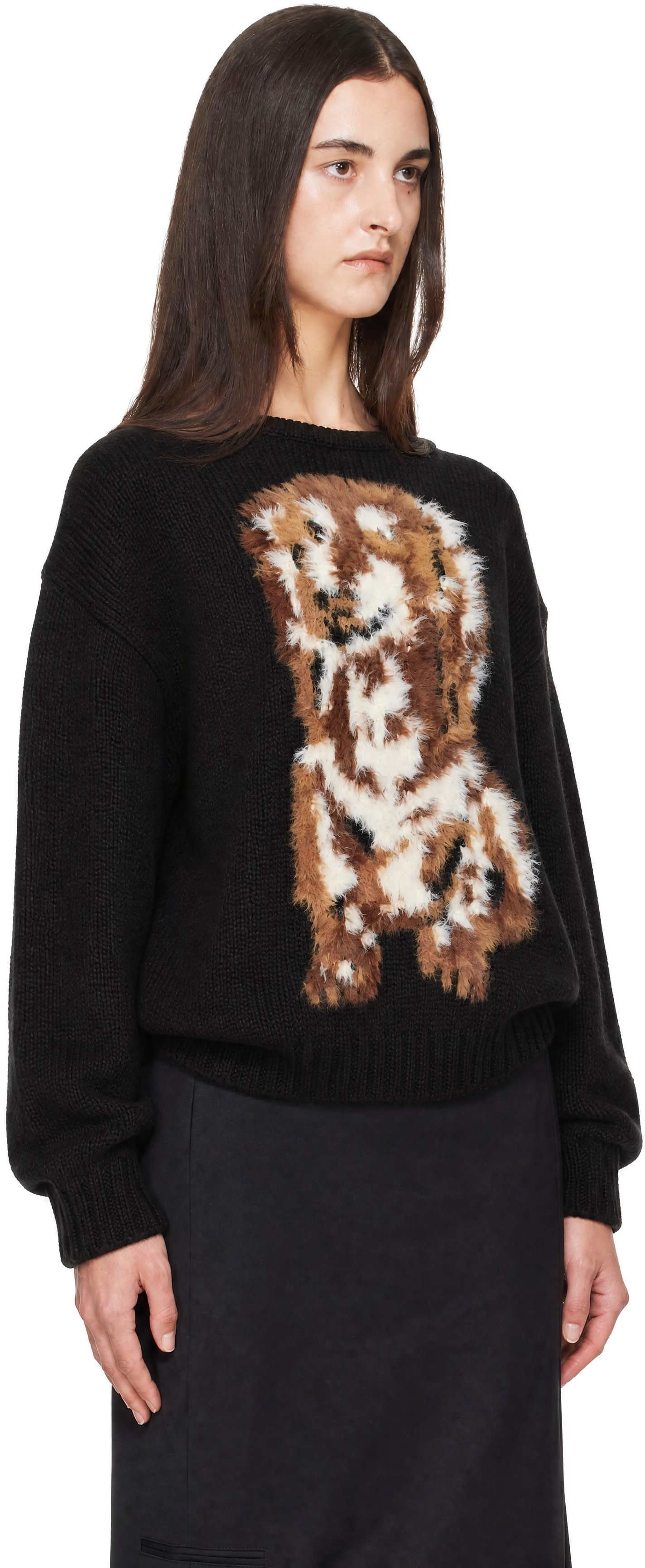 OPEN YY: Black Shaggy Jacquard Dog Sweater | SSENSE Canada