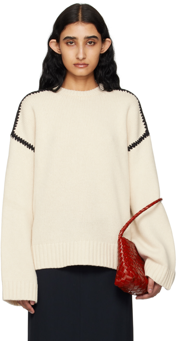 TOTEME - Pull blanc cassé à piqures brodées