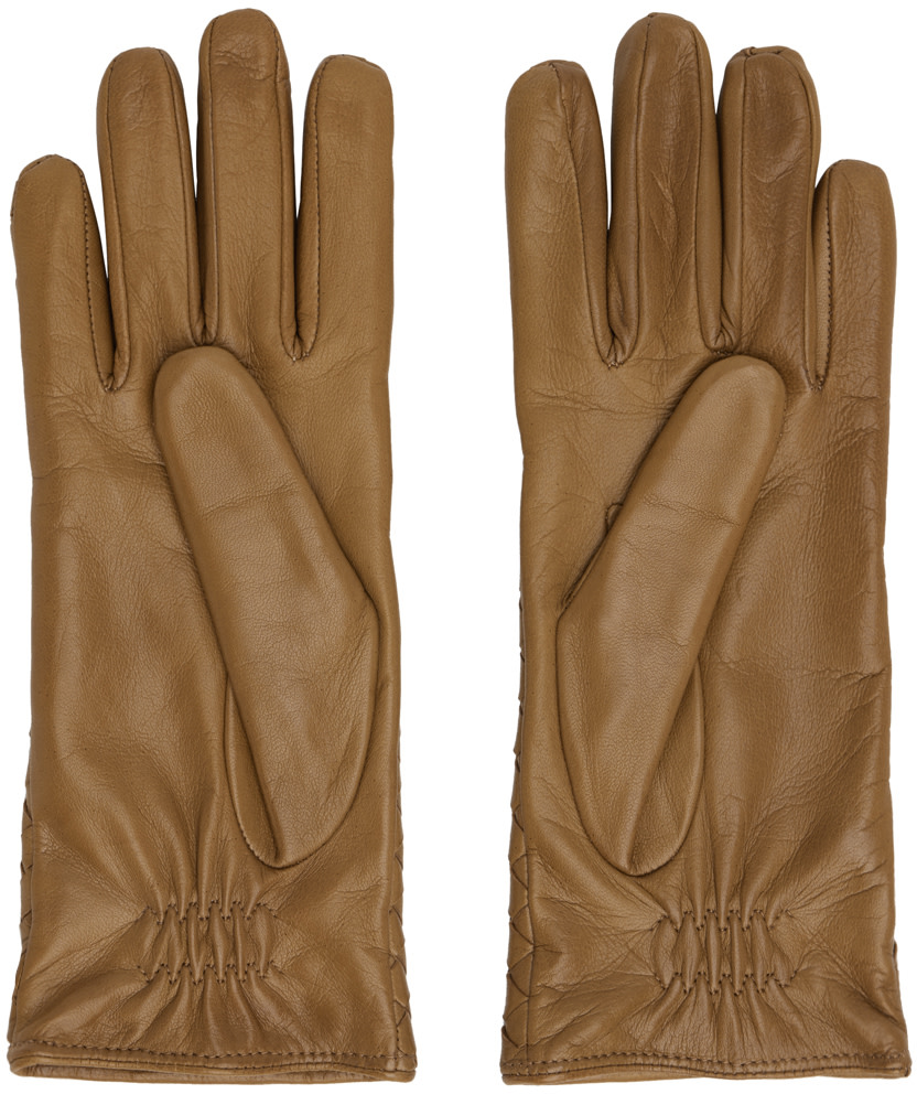 Bottega Veneta: Tan Intrecciato Leather Gloves | SSENSE Bottega Veneta: Tan Intrecciato Leather Gloves | SSENSE