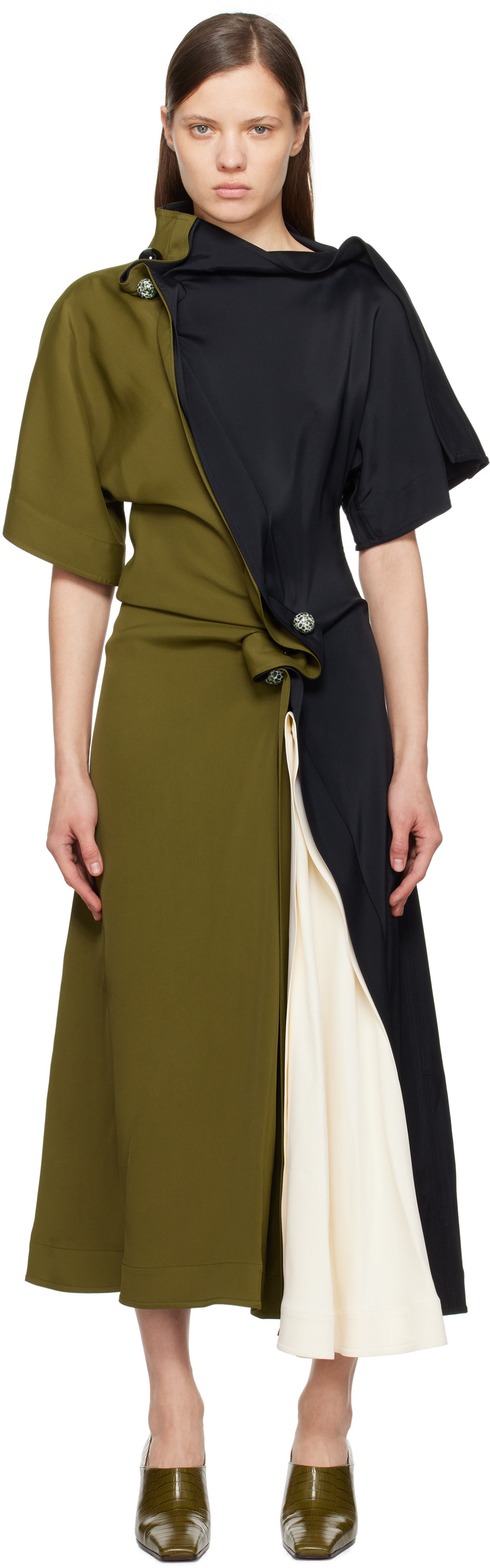 black and khaki dress Bottega Veneta: & Fluid Viscose Piercing Maxi Ax paris
