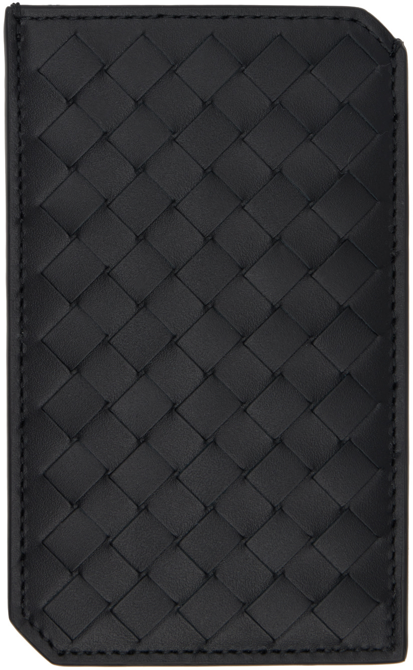 Bottega Veneta: Black Intrecciato Piccolo Vertical Card Holder