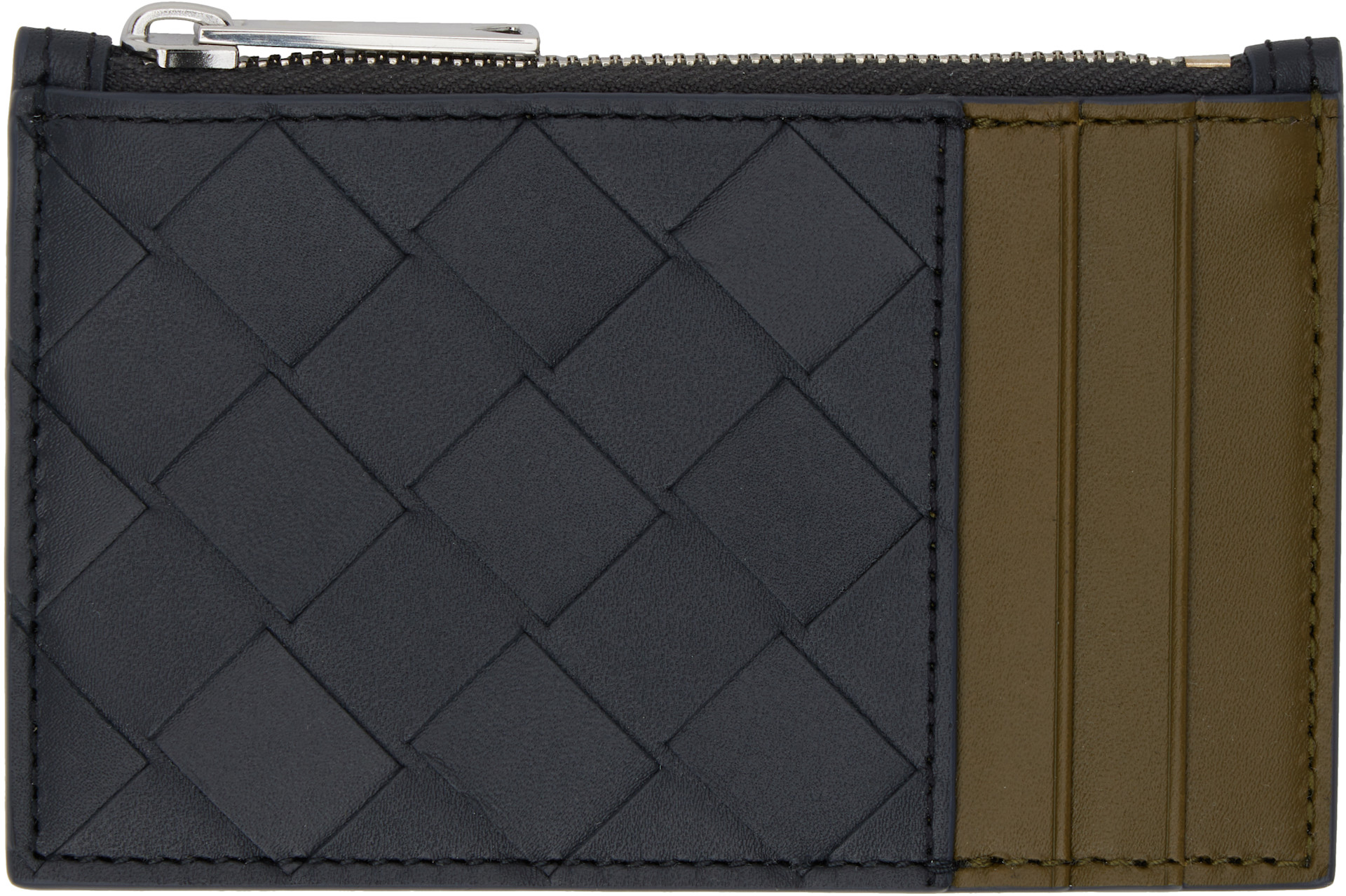 Bottega Veneta: ブラック＆カーキ イントレチャート ジップカード