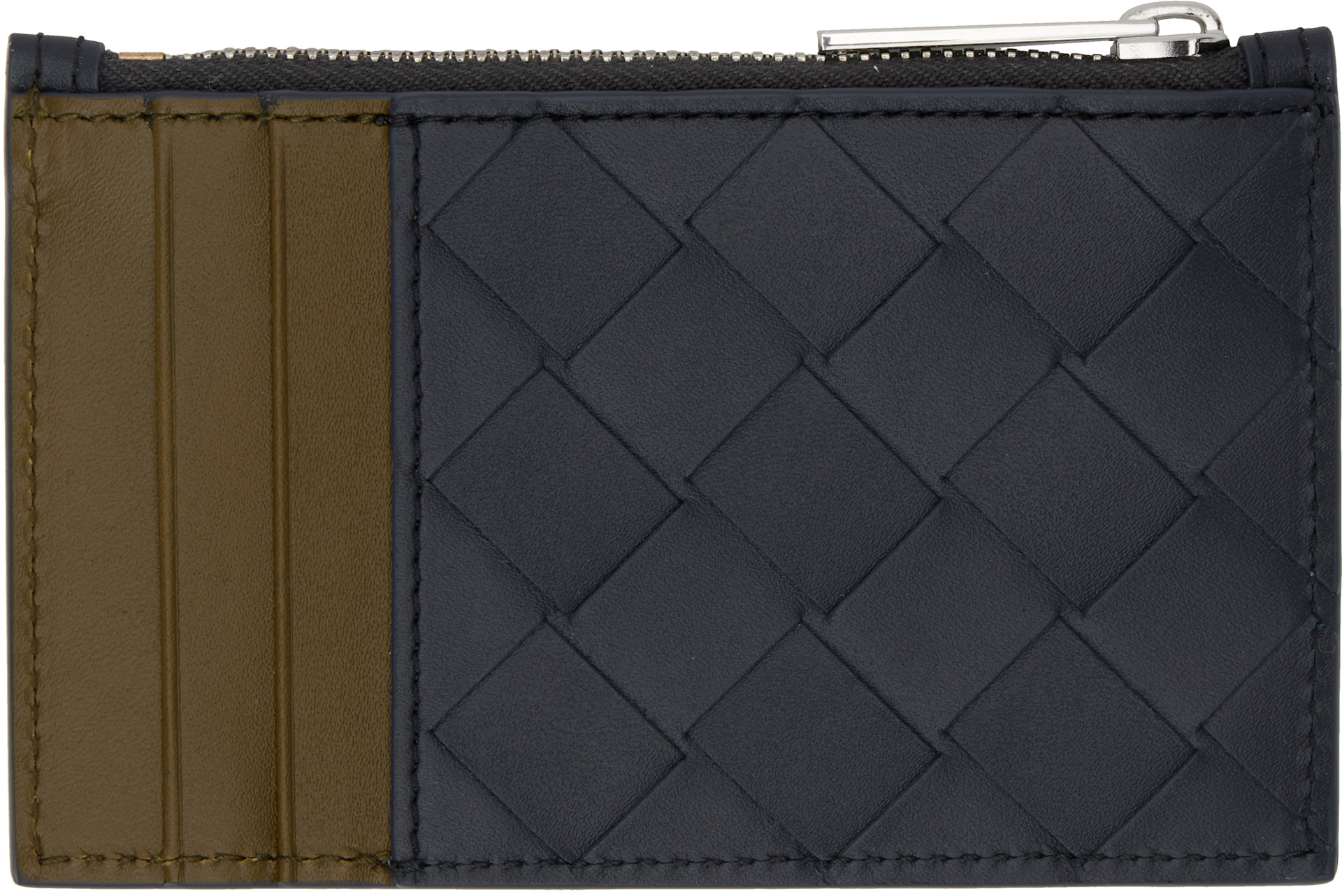 Bottega Veneta: Black & Khaki Intrecciato Zippered Card Holder
