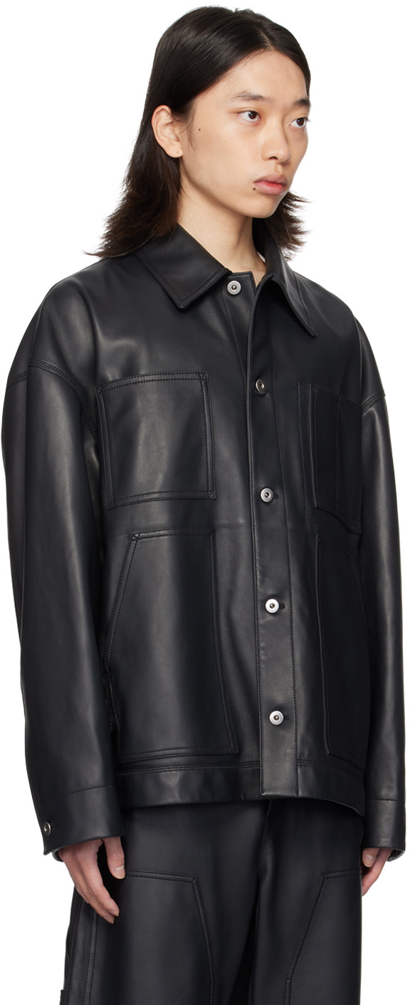 Bottega Veneta: Black Spread Collar Leather Jacket | SSENSE Canada