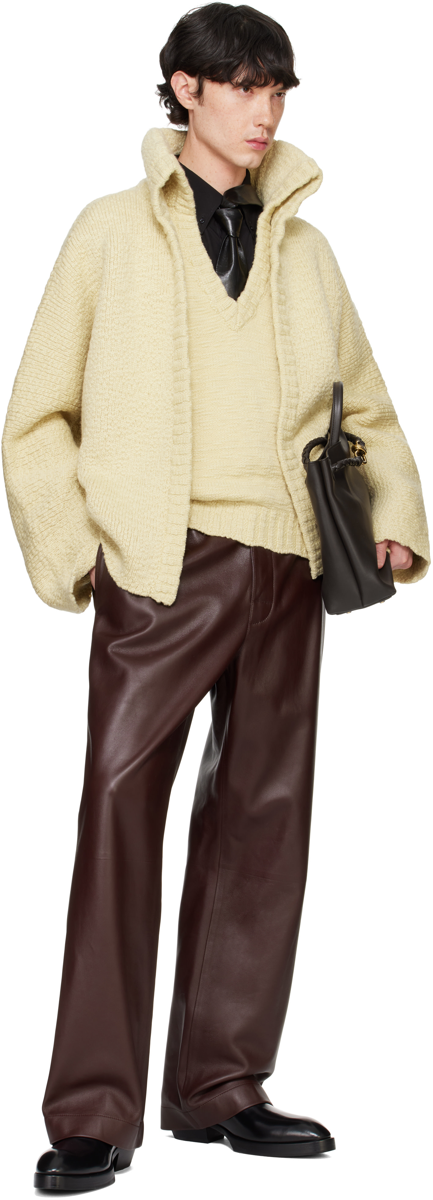 Bottega Veneta: Yellow Textured Wool Double Layer Cardigan | SSENSE