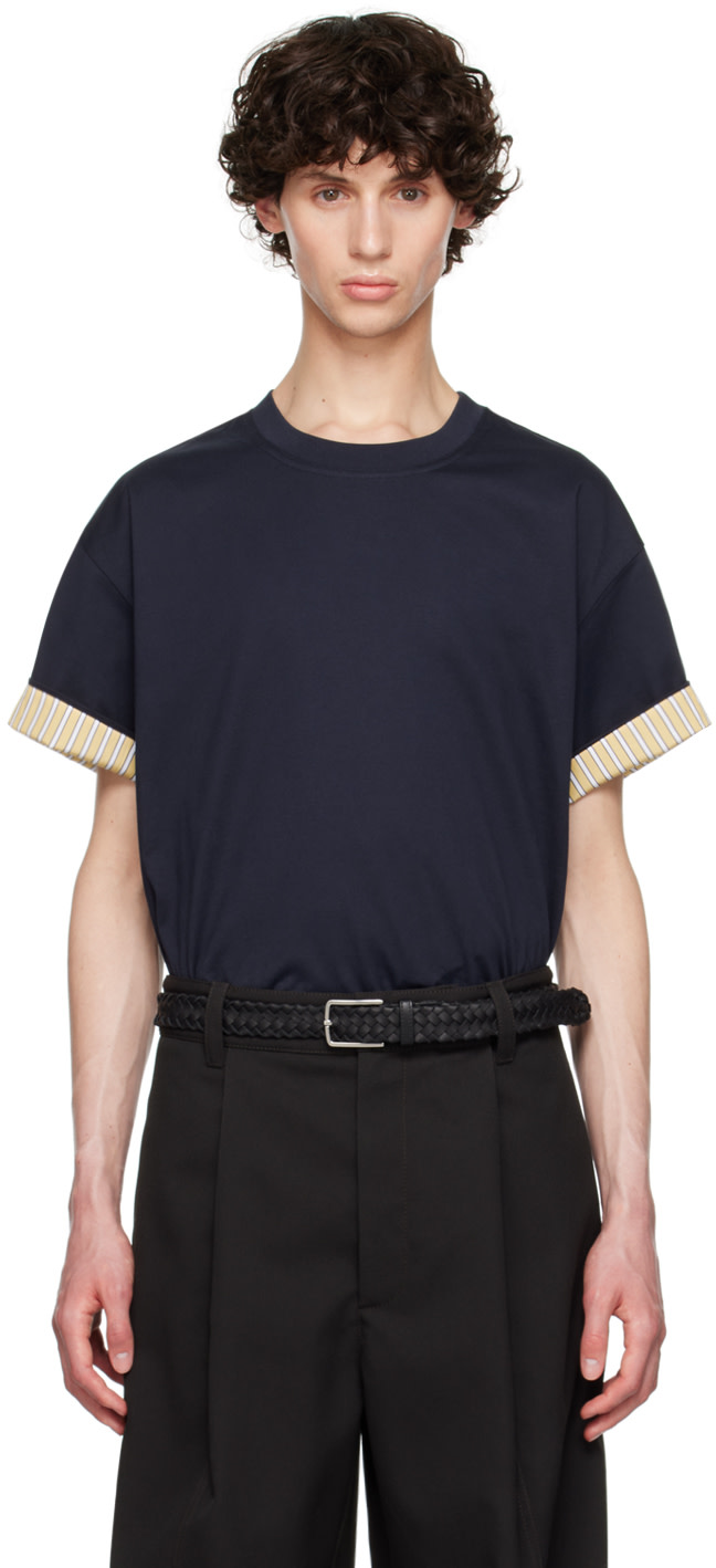 Bottega Veneta: Navy & Yellow Double Layer T-Shirt | SSENSE