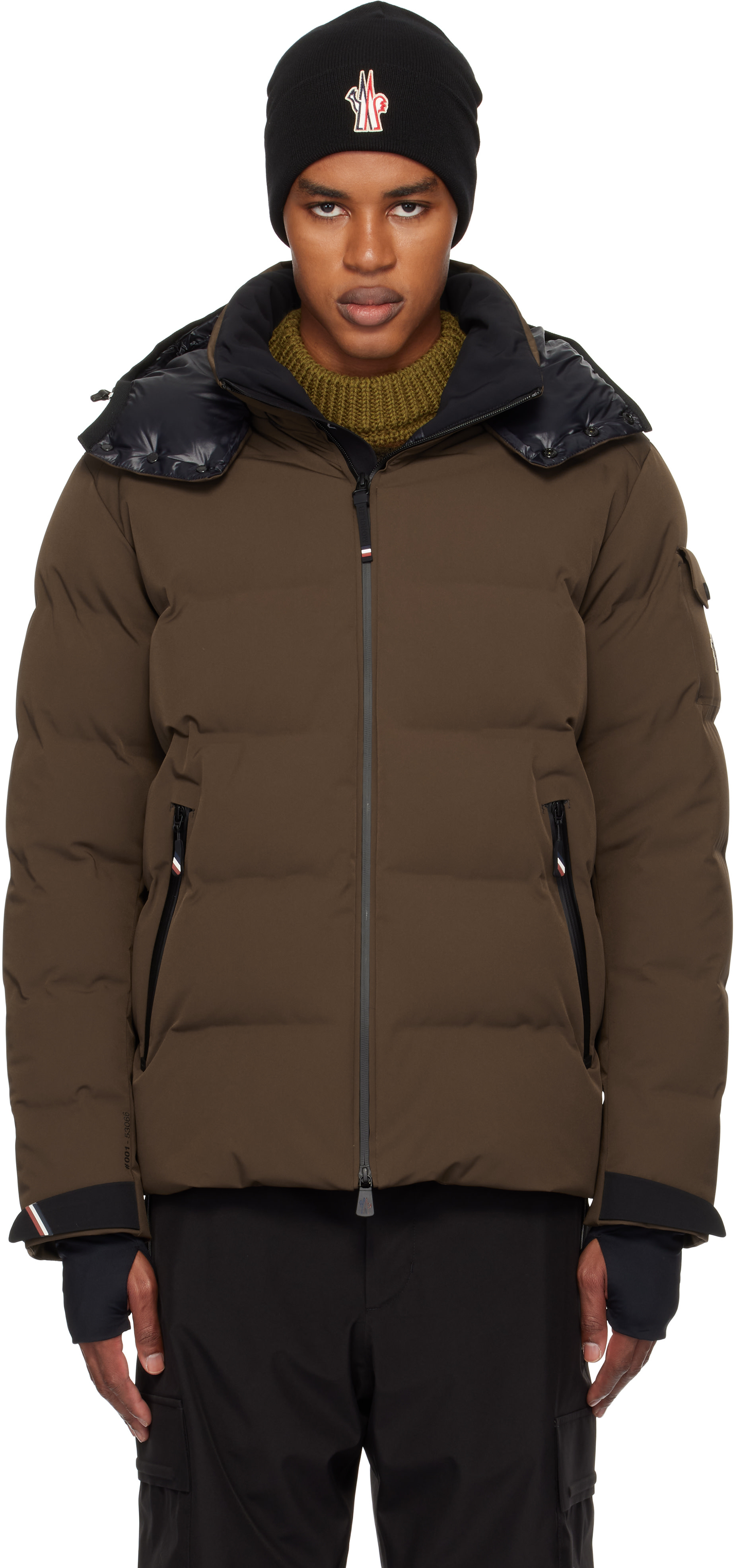MONCLER モンクレール ダウン ダークブラウン リブニットネック Moncler Grenoble: Brown Montgetech Hooded Ski Down Jacket | SSENSE