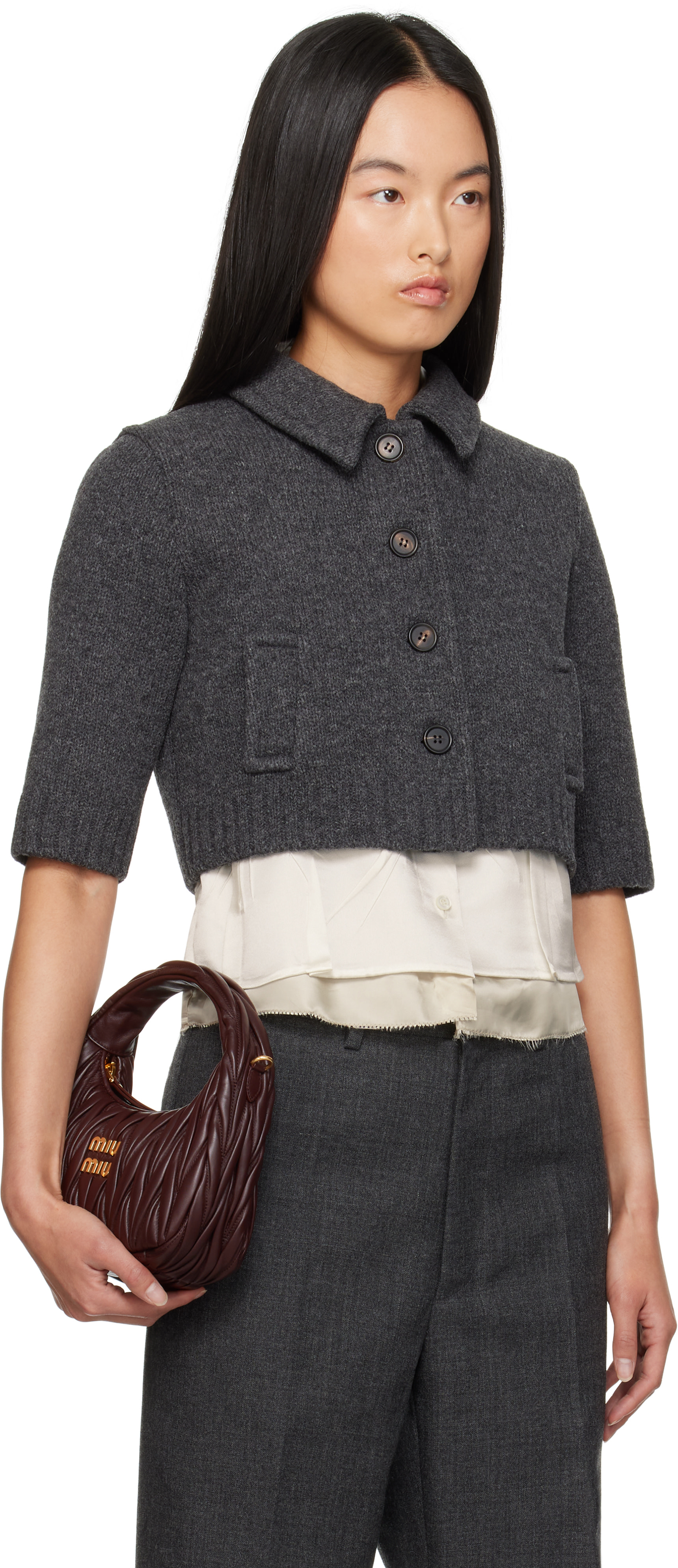 Miu Miu: Gray Cropped Wool Cardigan | SSENSE Canada