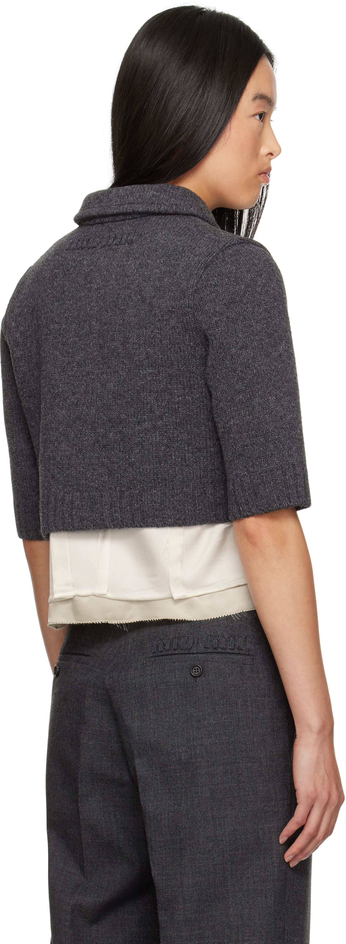 Miu Miu: Gray Cropped Wool Cardigan | SSENSE Canada