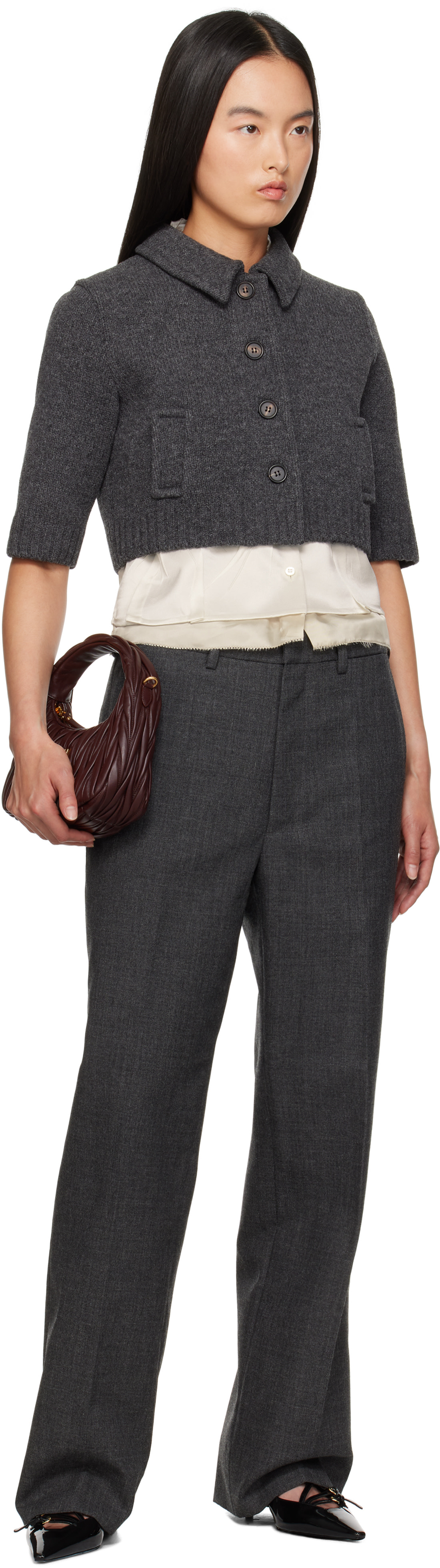Miu Miu: Gray Cropped Wool Cardigan | SSENSE Canada