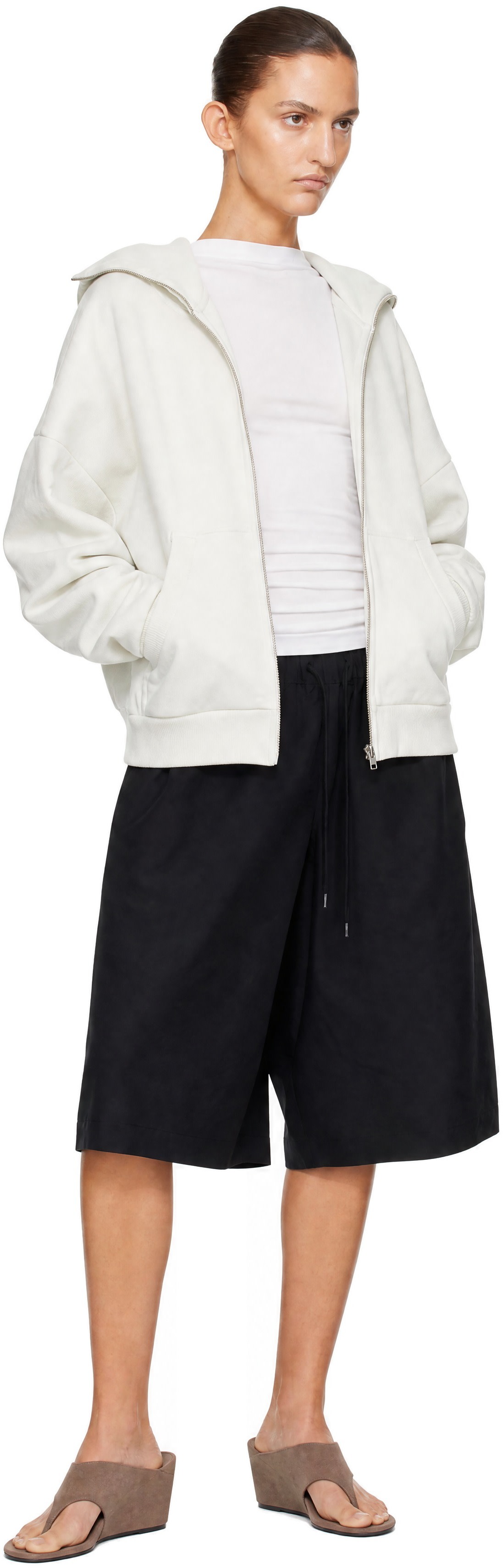 Entire Studios - Pull à capuche blanc cassé à glissière prolongée