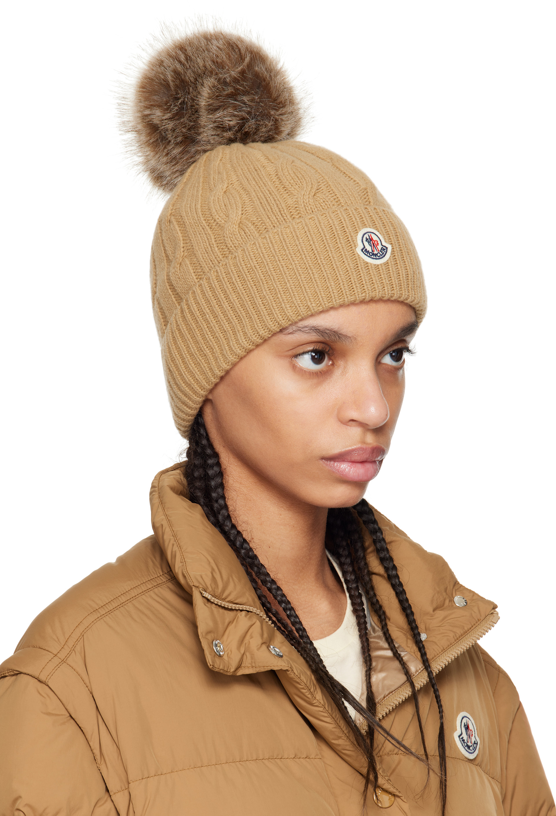 【美品】モンクレール　リブ編みニット帽 ポンポン付き ベージュ Moncler: ベージュ ウール＆カシミヤ ポンポン ビーニー | SSENSE 日本