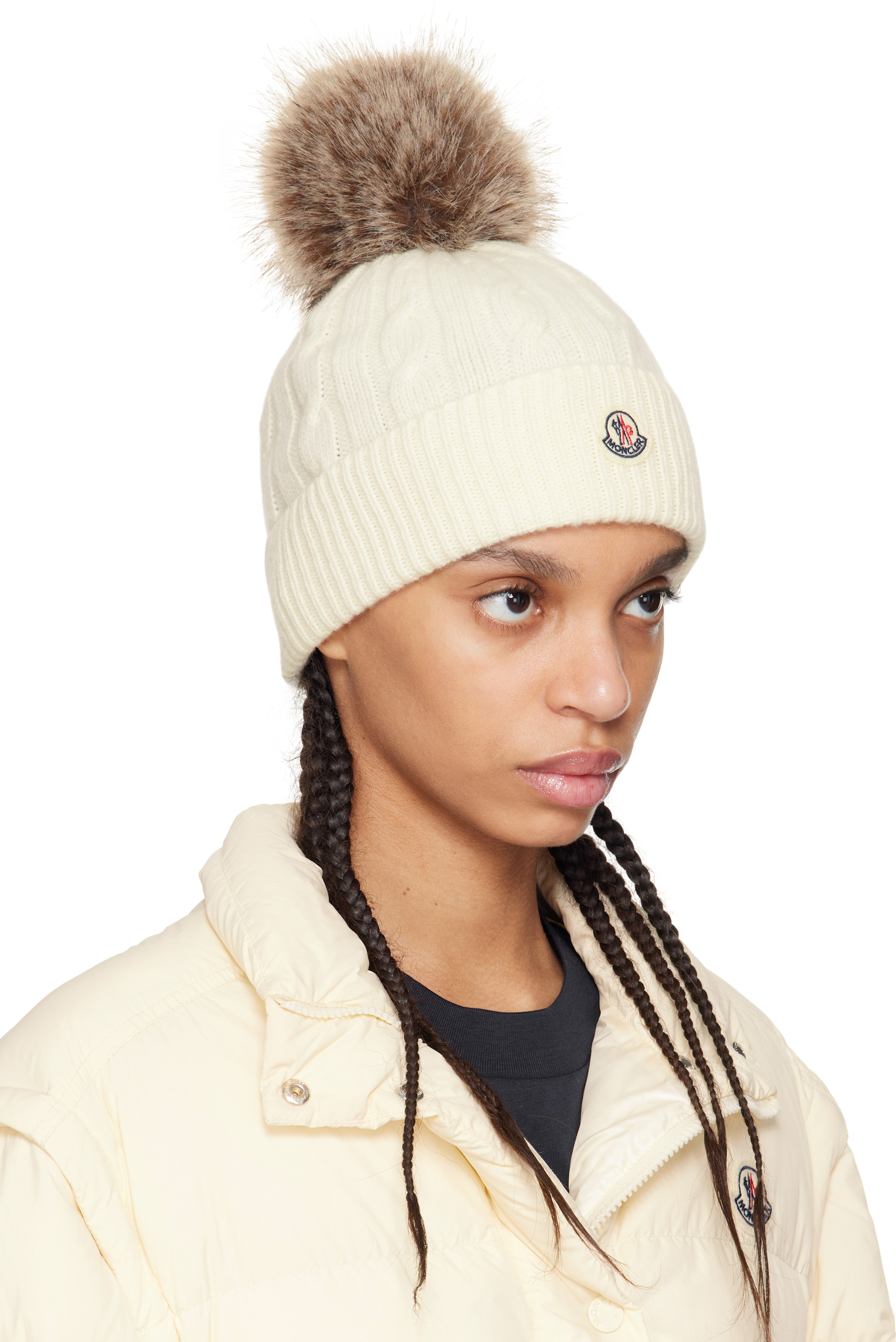 Moncler Beanie With Pom Pom in White Wool Moncler Ribbed Wool Beanie with Faux Fur Pom | Neiman Marcus main image 3