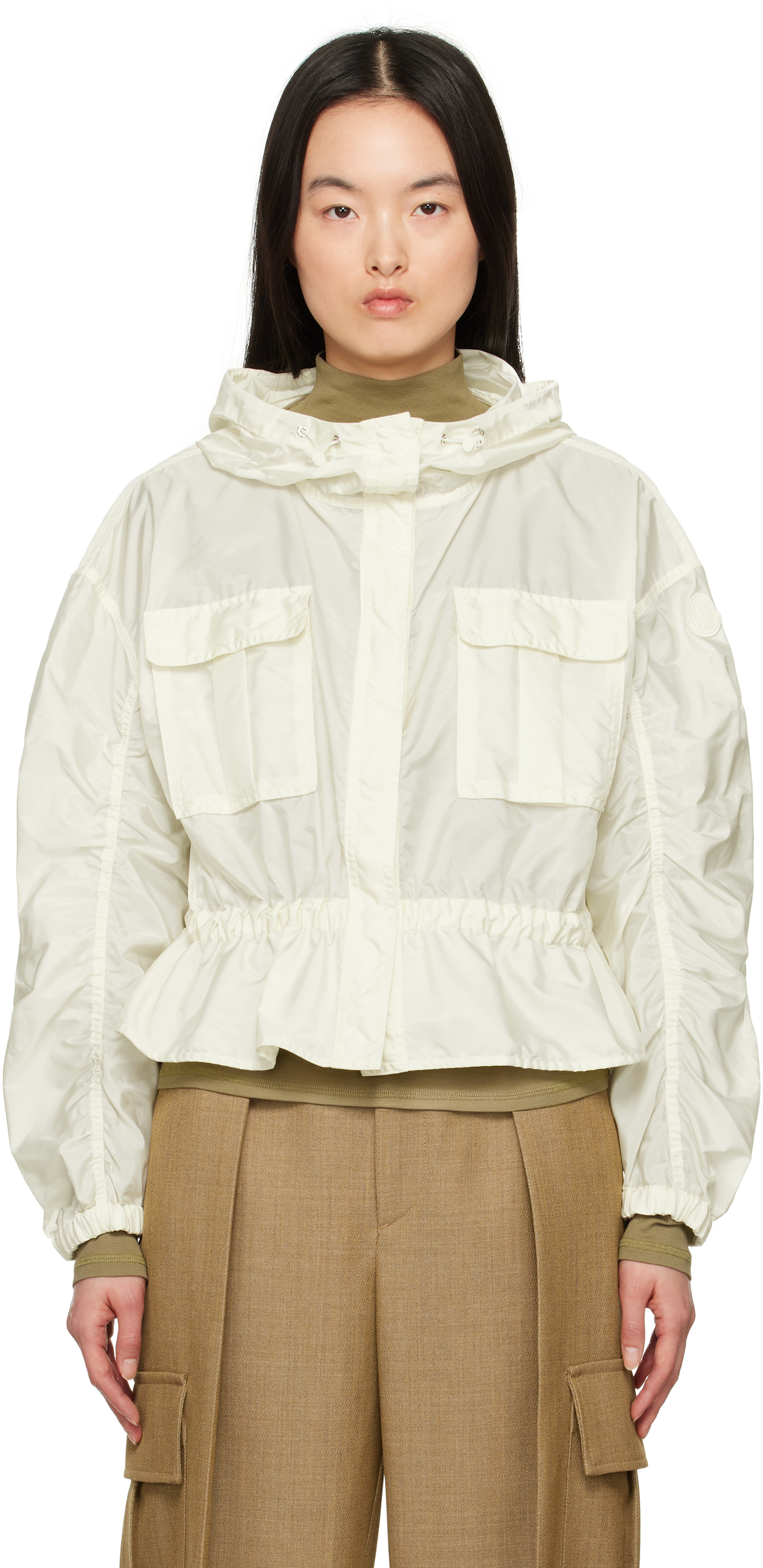 Moncler: オフホワイト Curton フード付き ペプラムジャケット