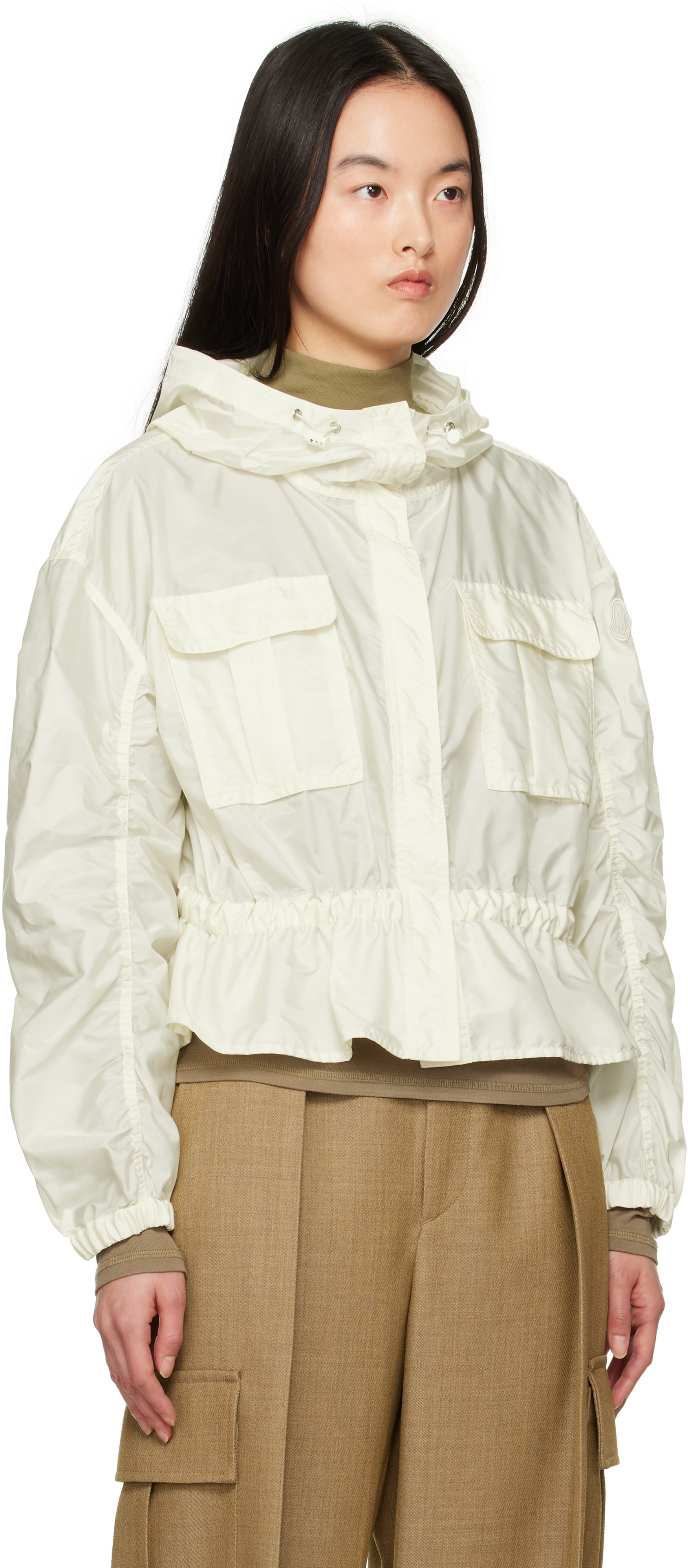 Moncler: オフホワイト Curton フード付き ペプラムジャケット