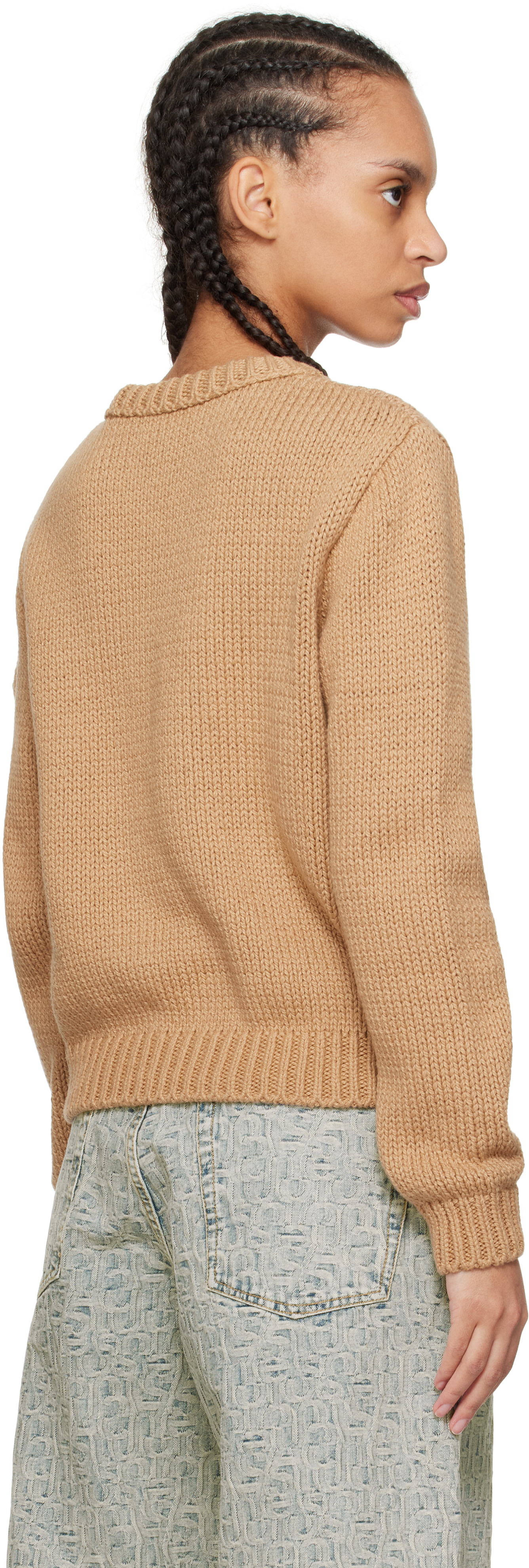 Moncler - Pull beige en coton à logo brodé