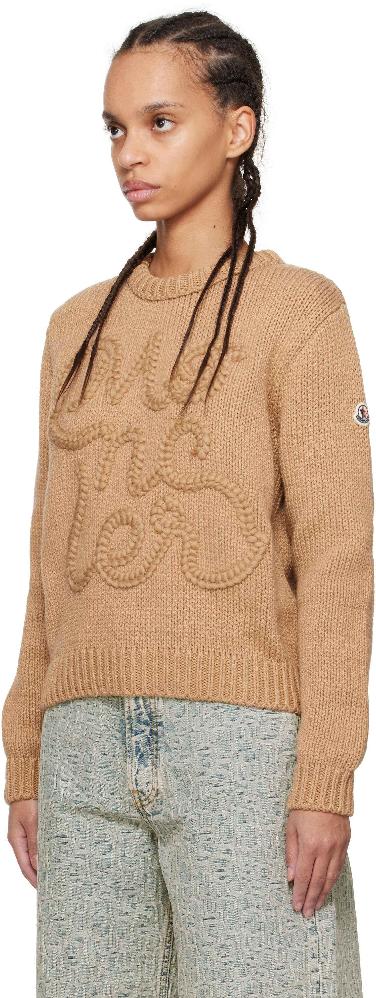 Moncler - Pull beige en coton à logo brodé