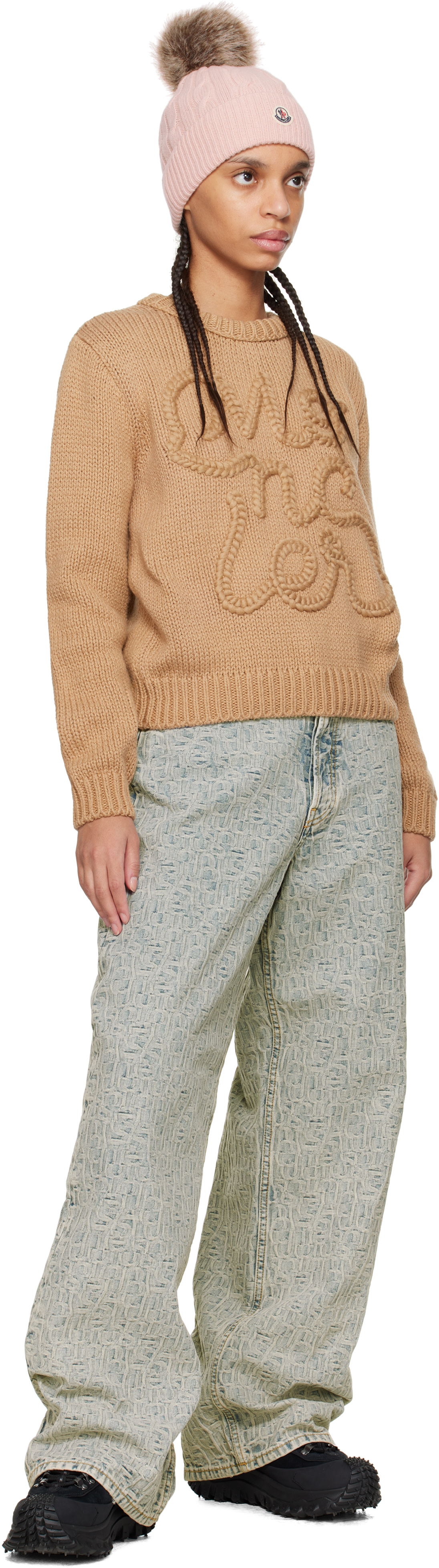 Moncler - Pull beige en coton à logo brodé
