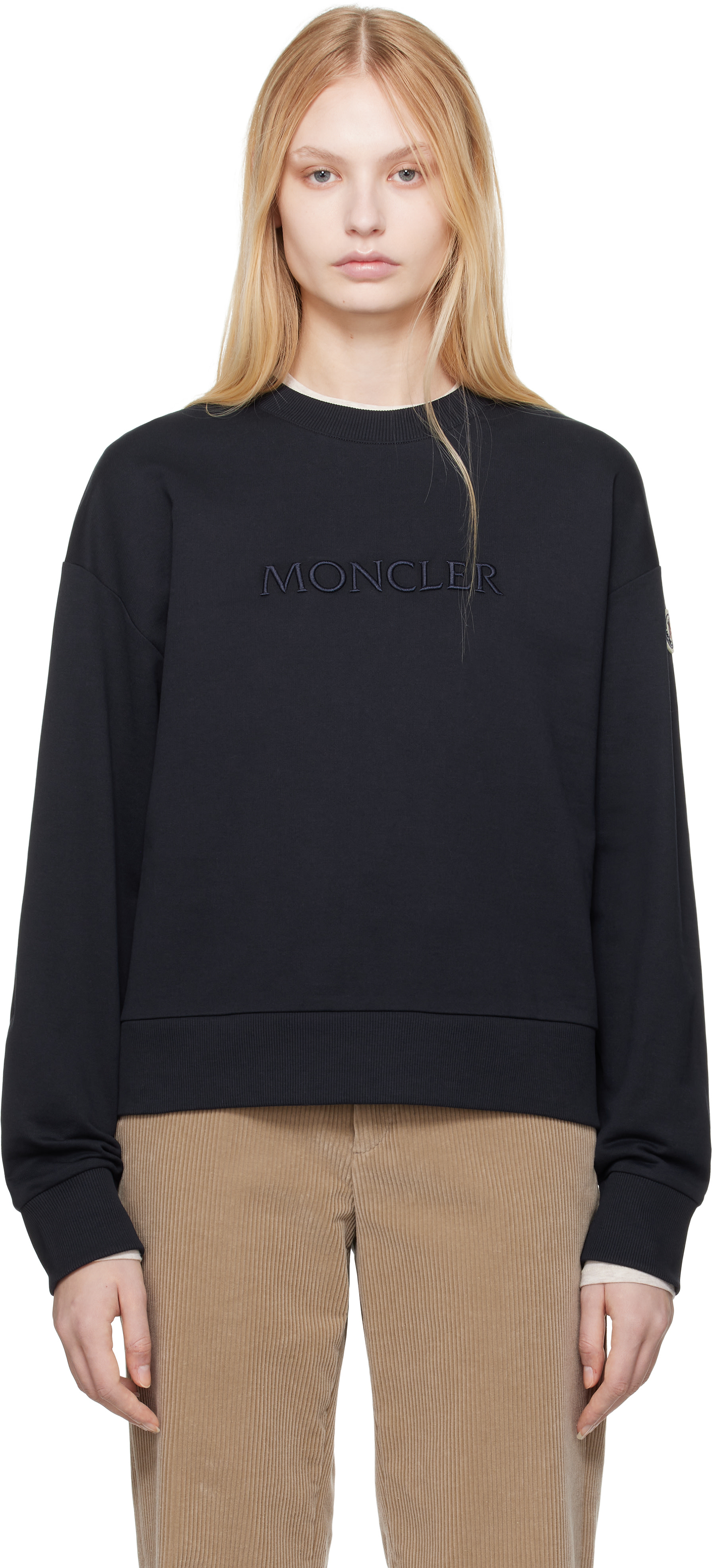 Moncler: ネイビー ロゴ刺繍 スウェットシャツ | SSENSE 日本