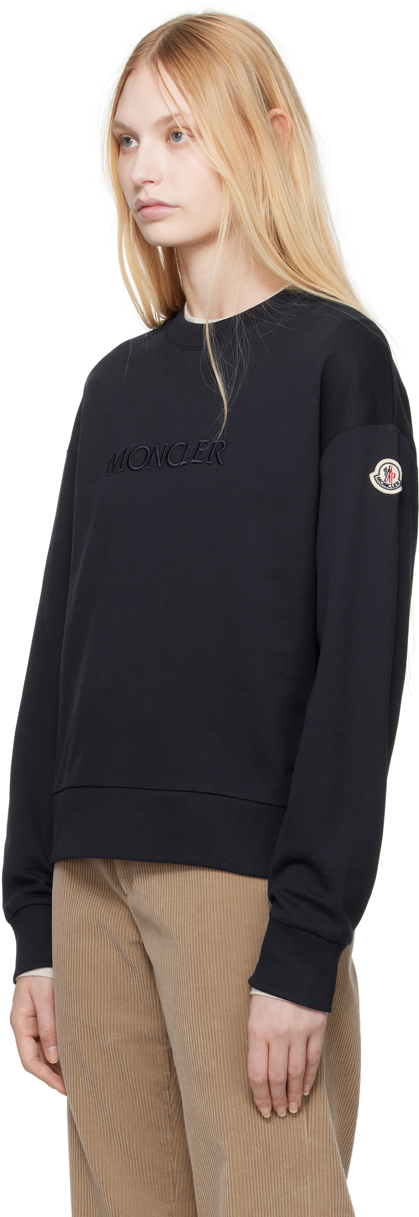 Moncler: Navy Embroidered Logo Sweatshirt | SSENSE