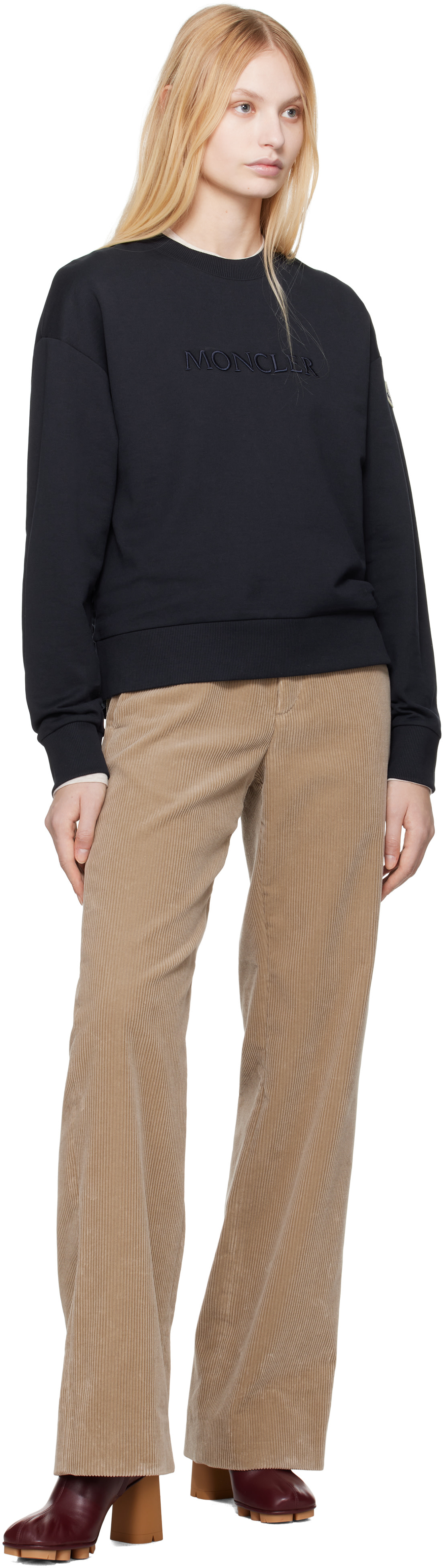 Moncler - Pull molletonné bleu marine à logo brodé