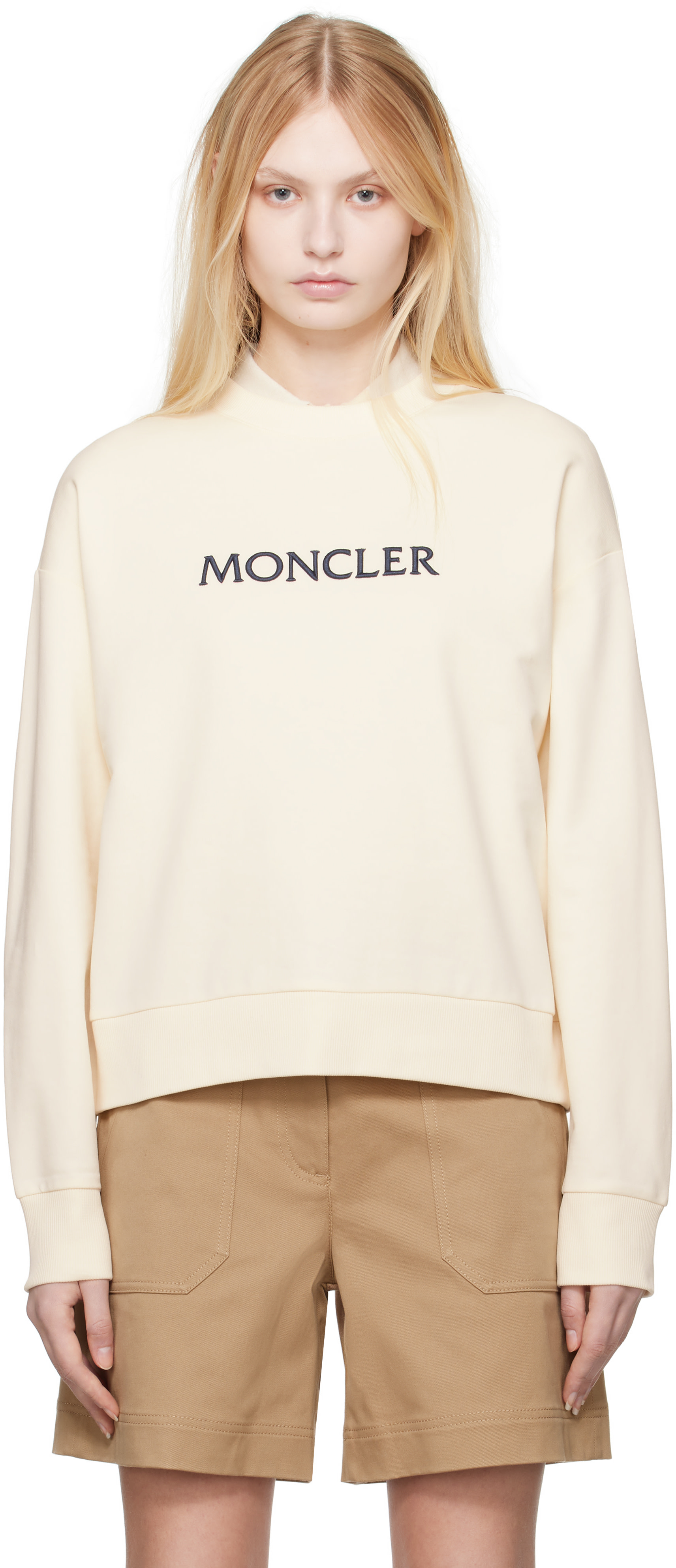 Moncler - 오프 화이트 로고 자수 스웨트셔츠