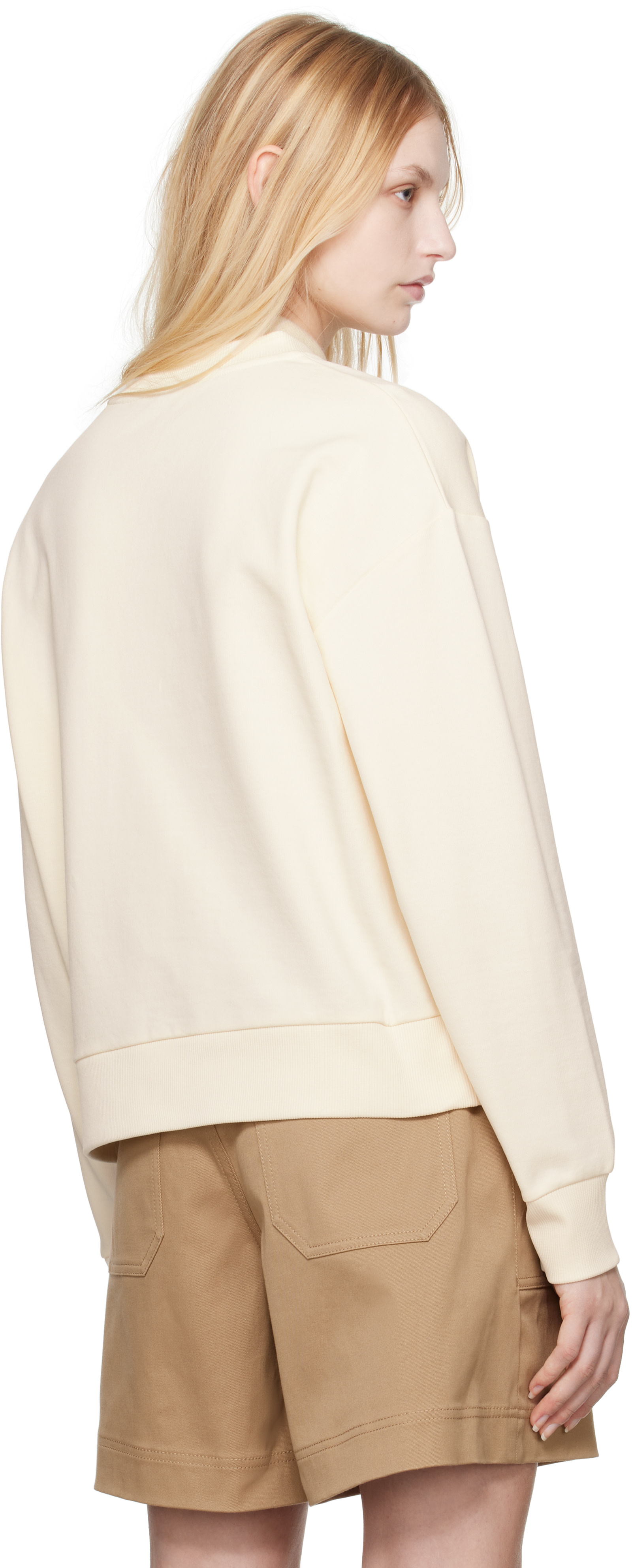 Moncler - Pull molletonné blanc cassé à logo brodé