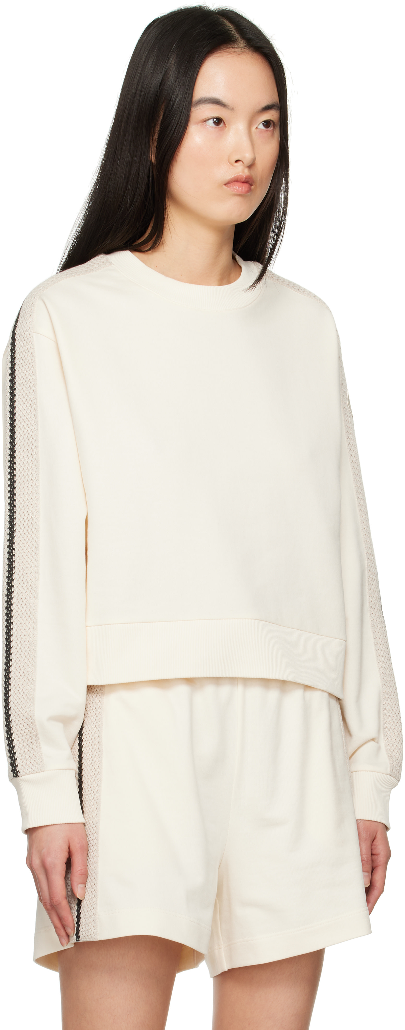 Moncler - Pull molletonné blanc cassé à garnitures à rayure