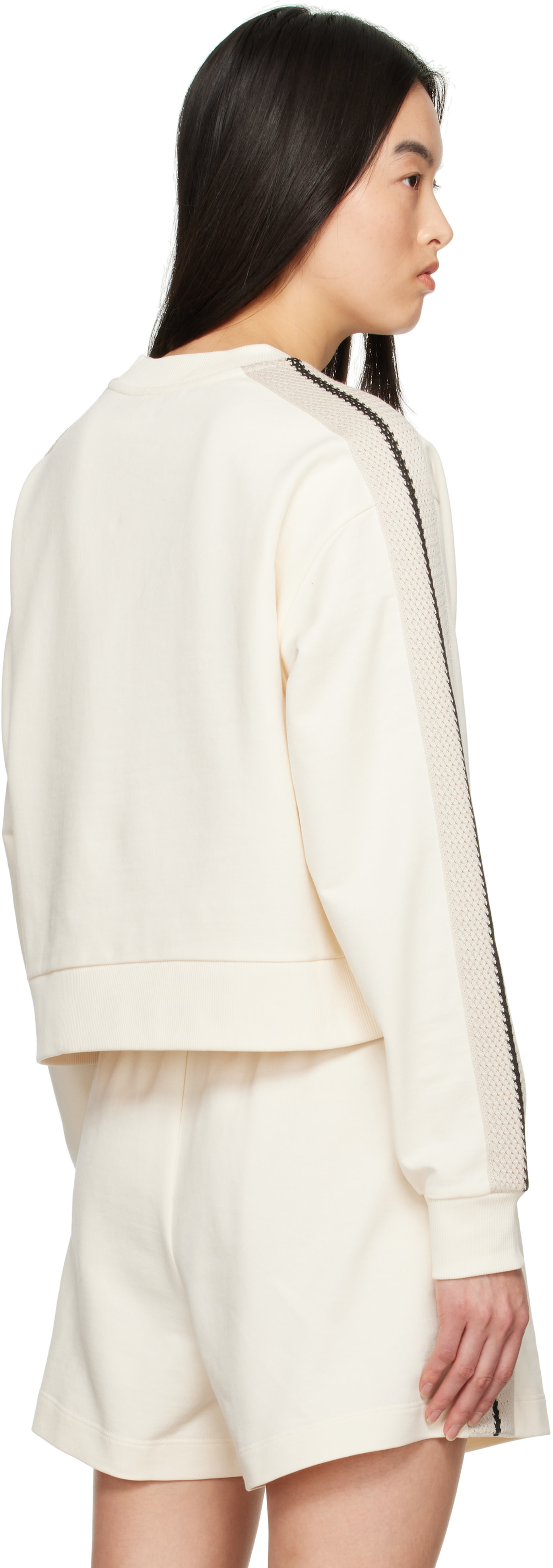 Moncler - Pull molletonné blanc cassé à garnitures à rayure