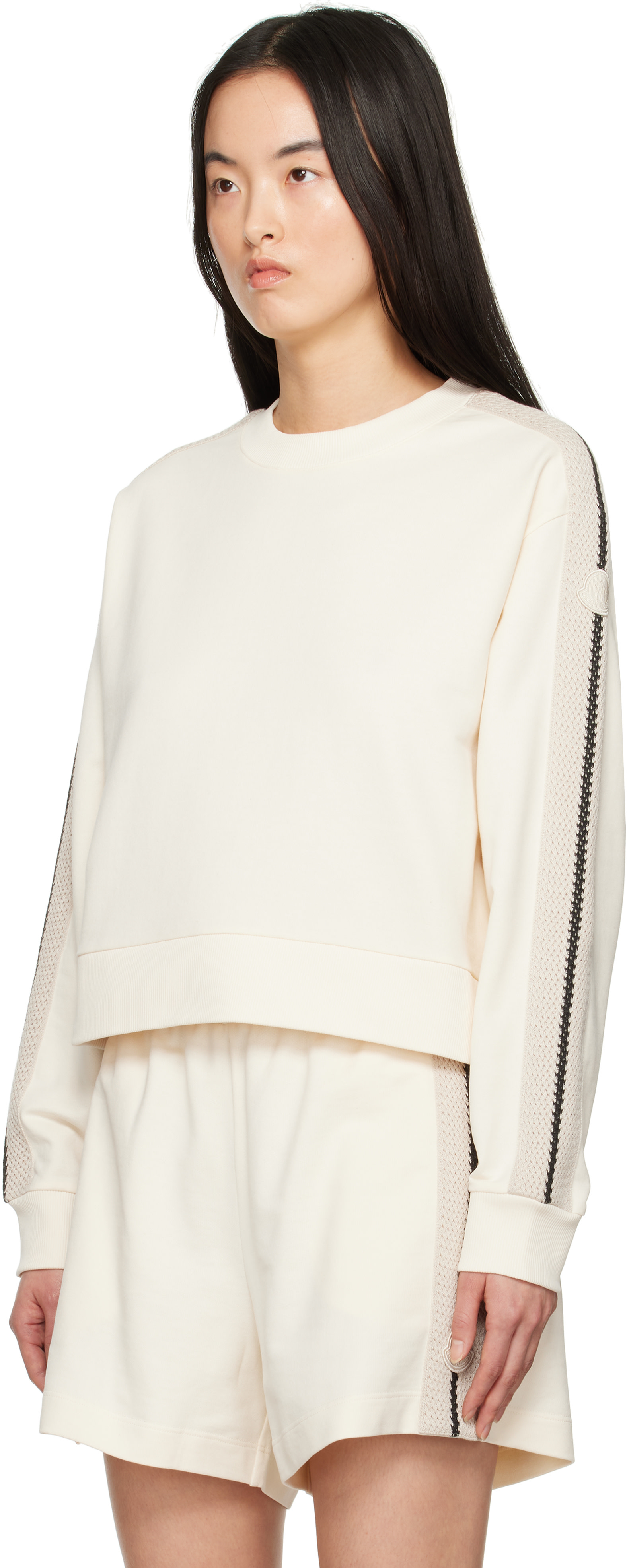 Moncler - Pull molletonné blanc cassé à garnitures à rayure