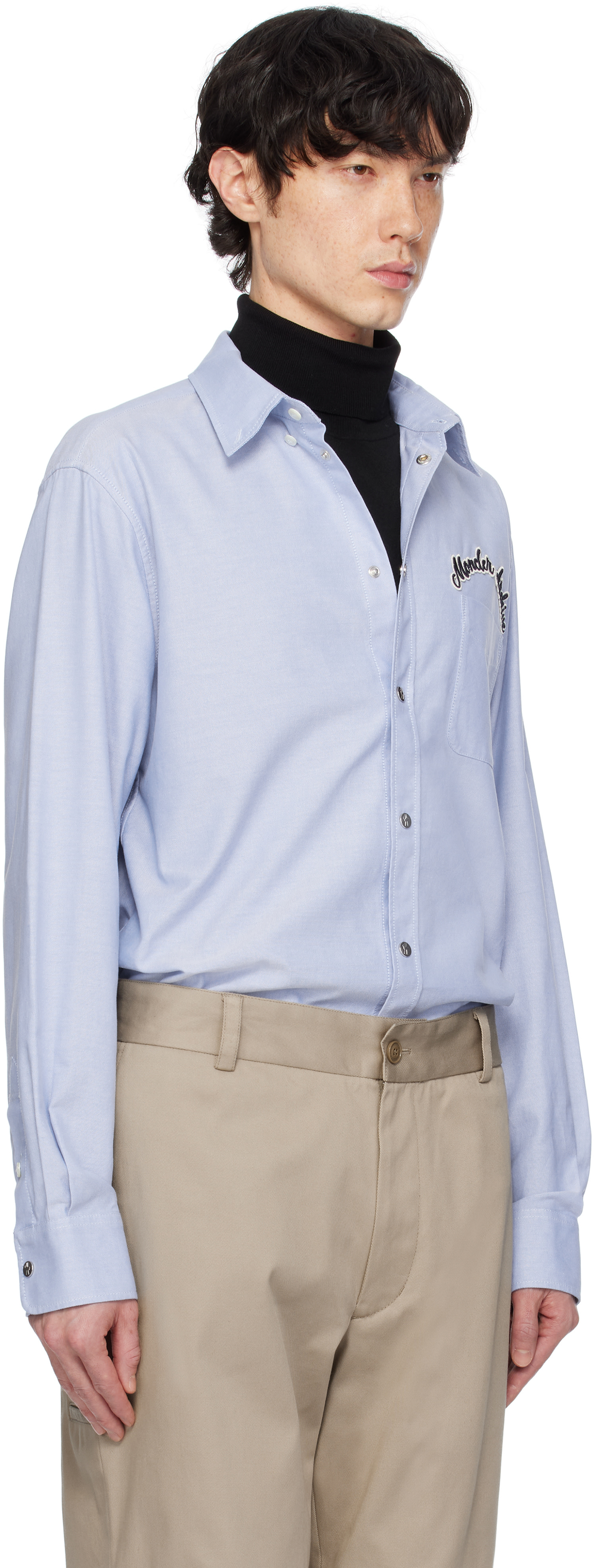 Moncler: Blue Embroidered Logo Oxford Cotton Shirt | SSENSE