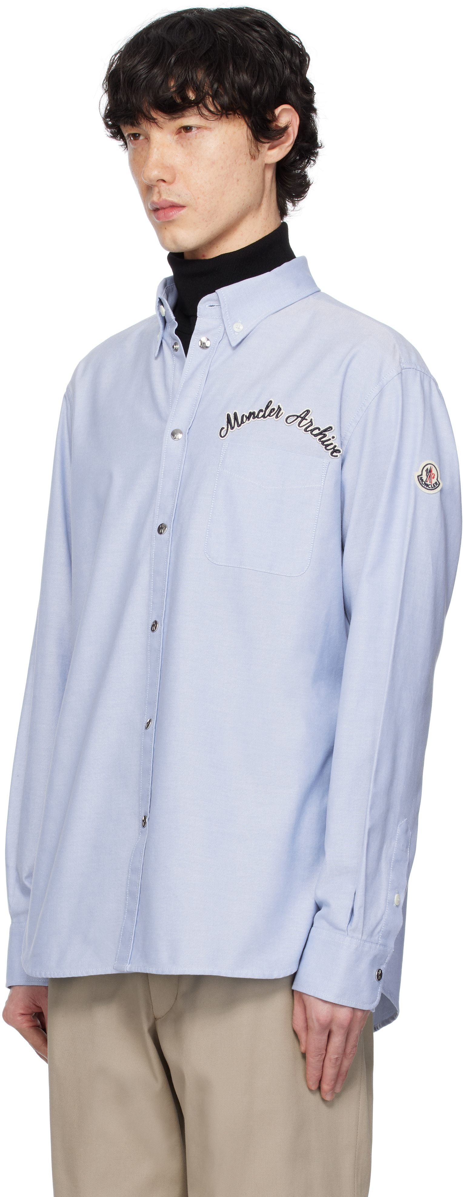 Moncler: Blue Embroidered Logo Oxford Cotton Shirt | SSENSE