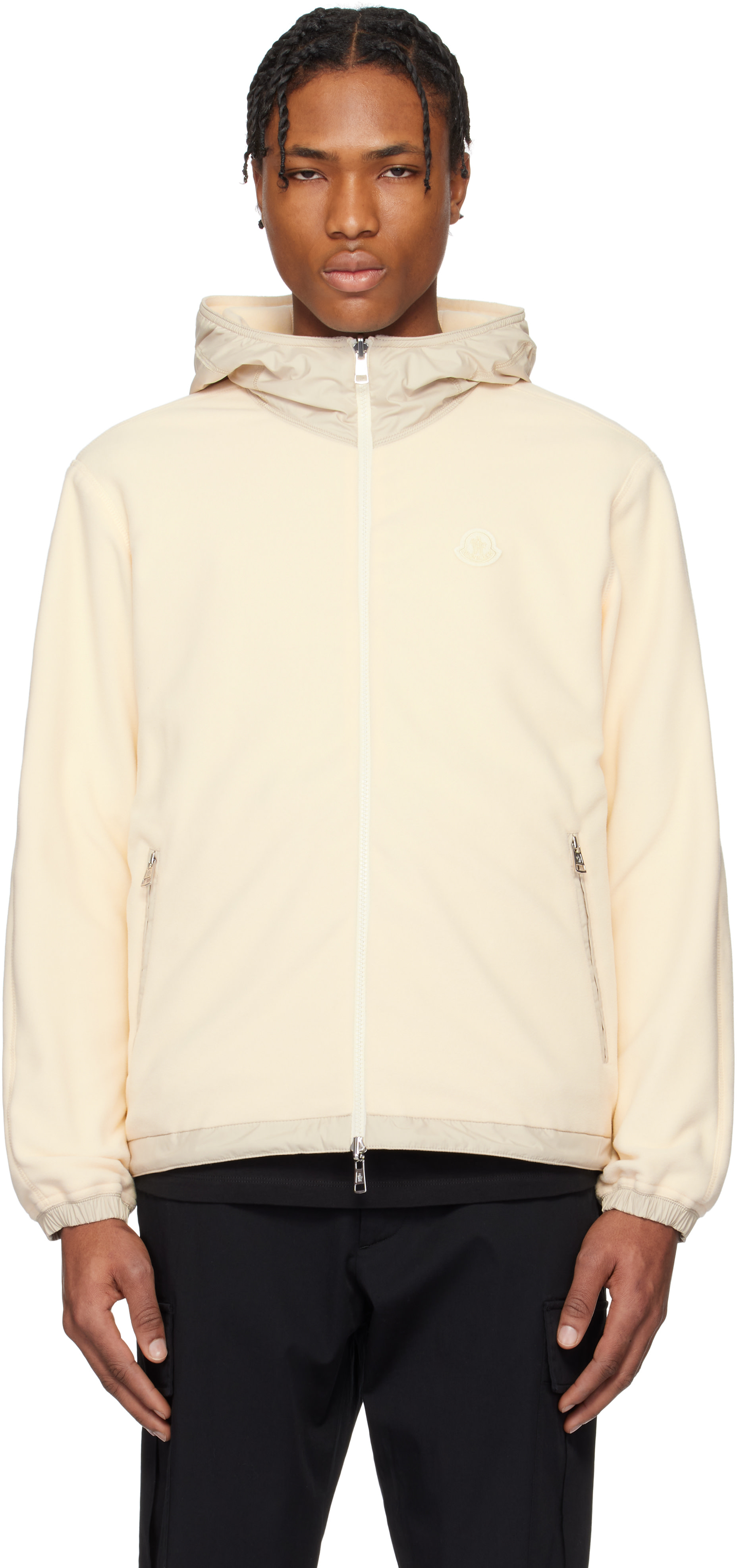 Moncler - Pull à capuche réversible beige à envers en molleton et à glissière
