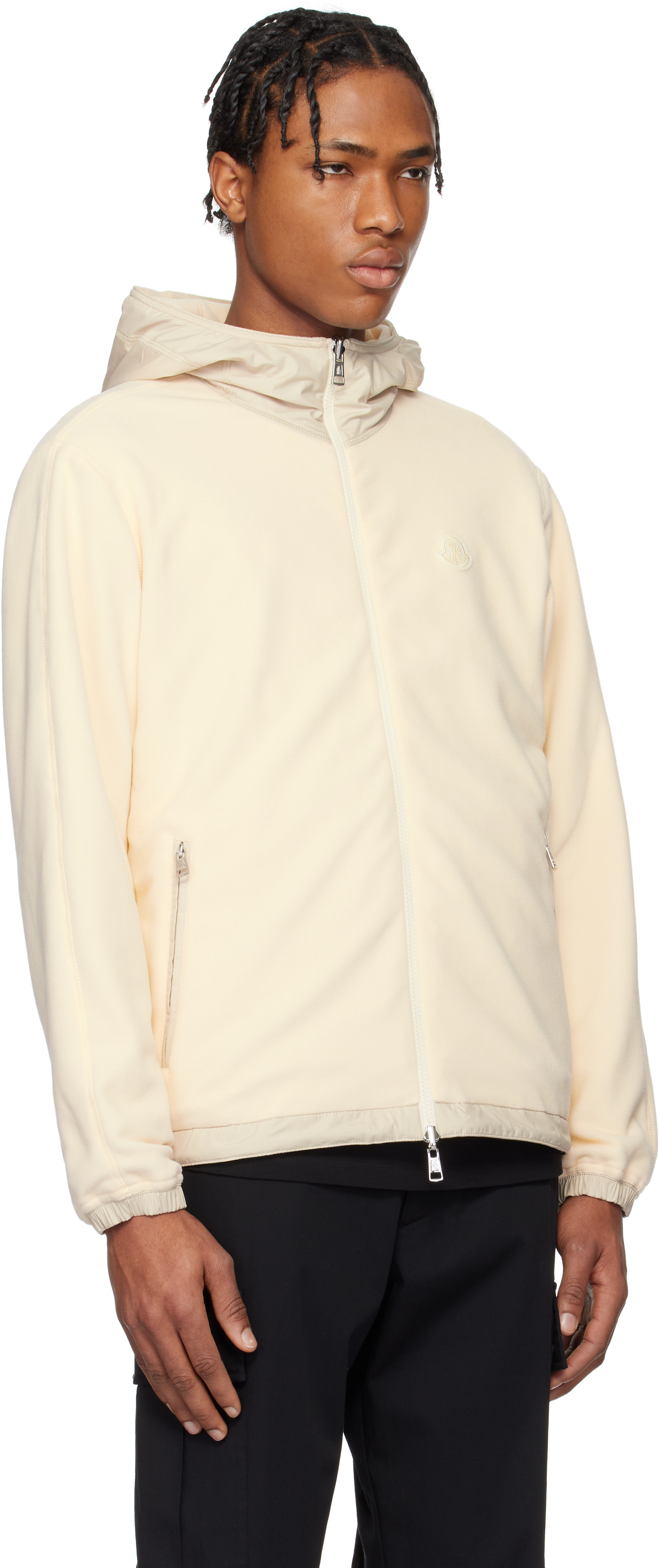 Moncler - Pull à capuche réversible beige à envers en molleton et à glissière