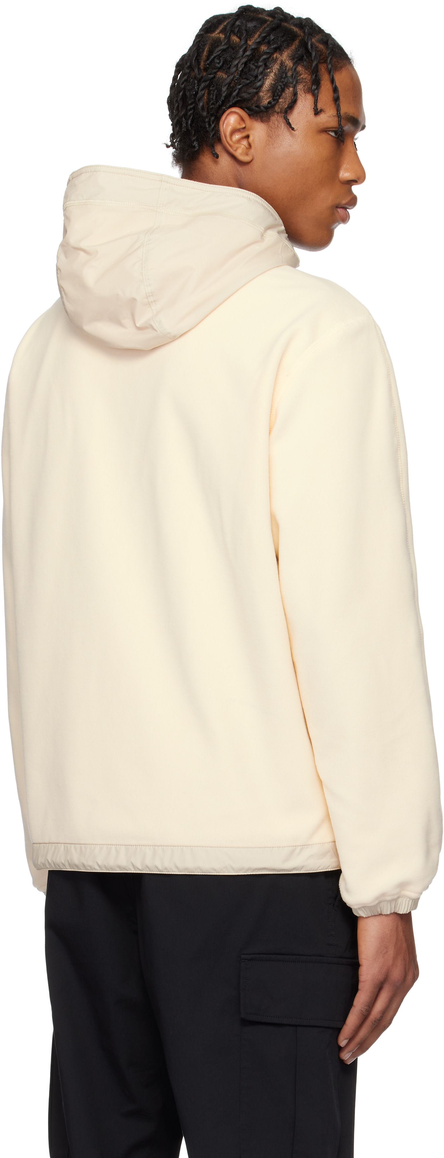 Moncler - Pull à capuche réversible beige à envers en molleton et à glissière
