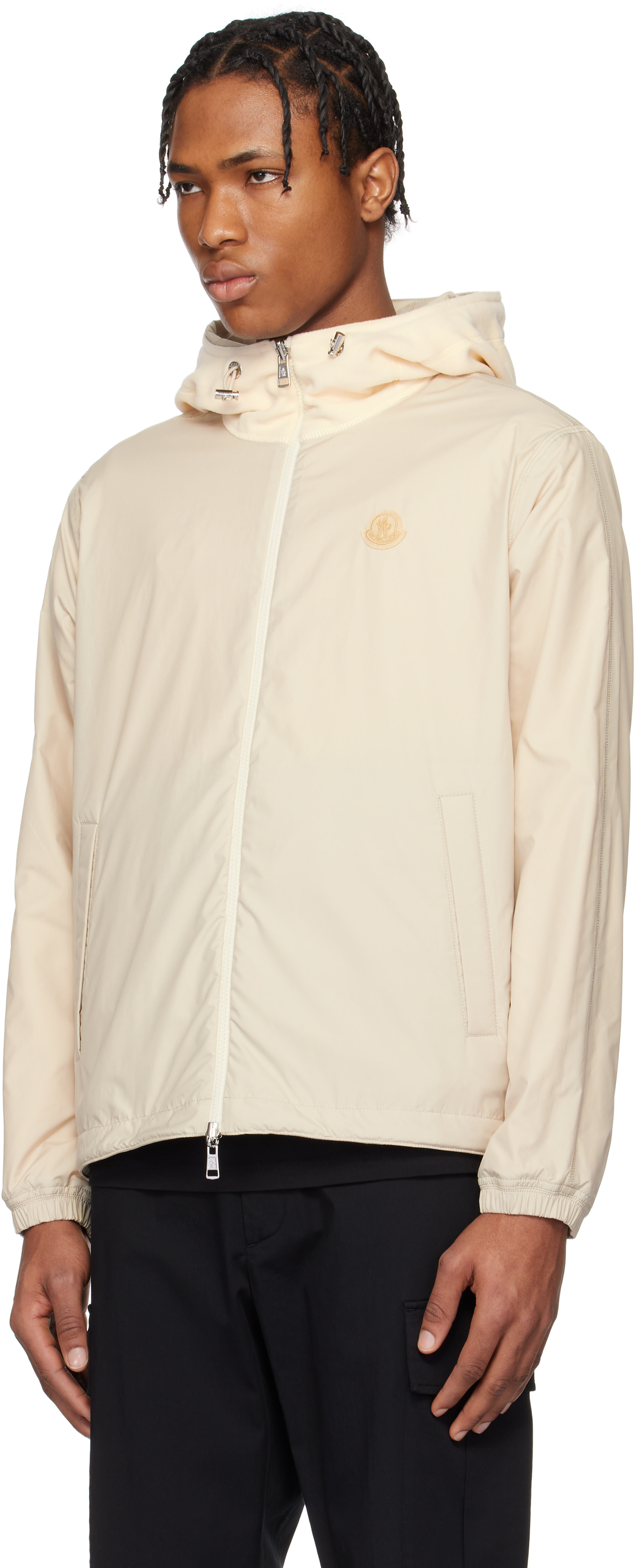 Moncler - Pull à capuche réversible beige à envers en molleton et à glissière