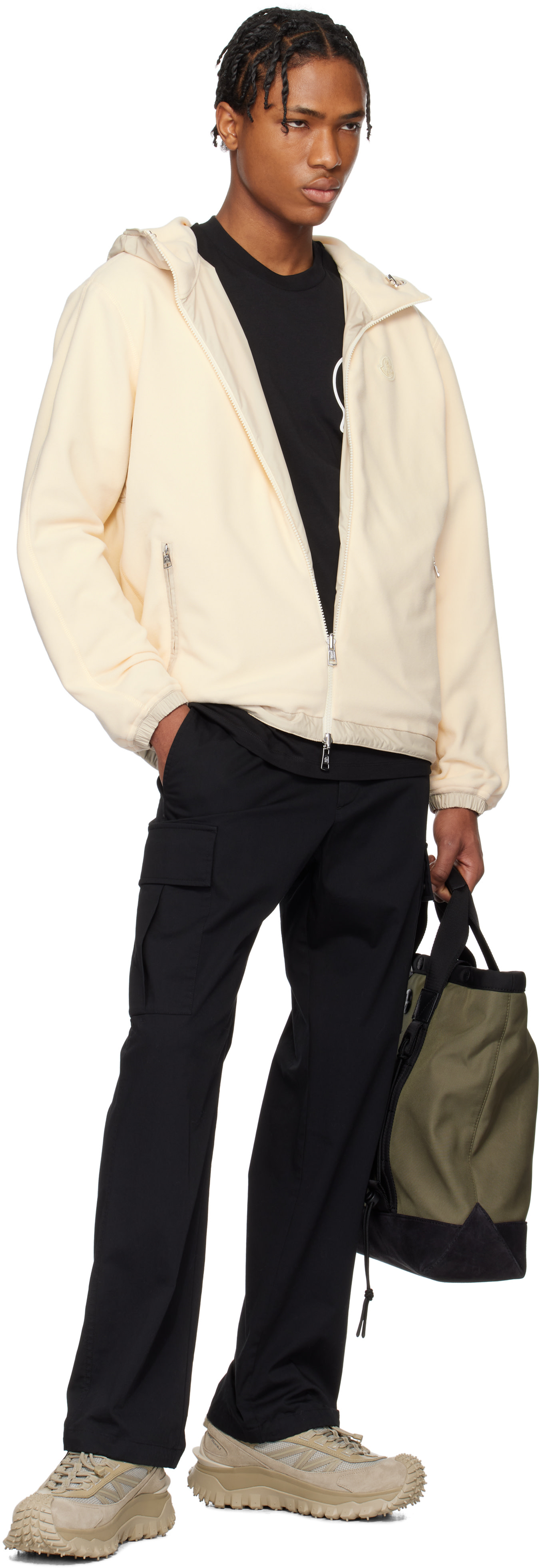 Moncler - Pull à capuche réversible beige à envers en molleton et à glissière