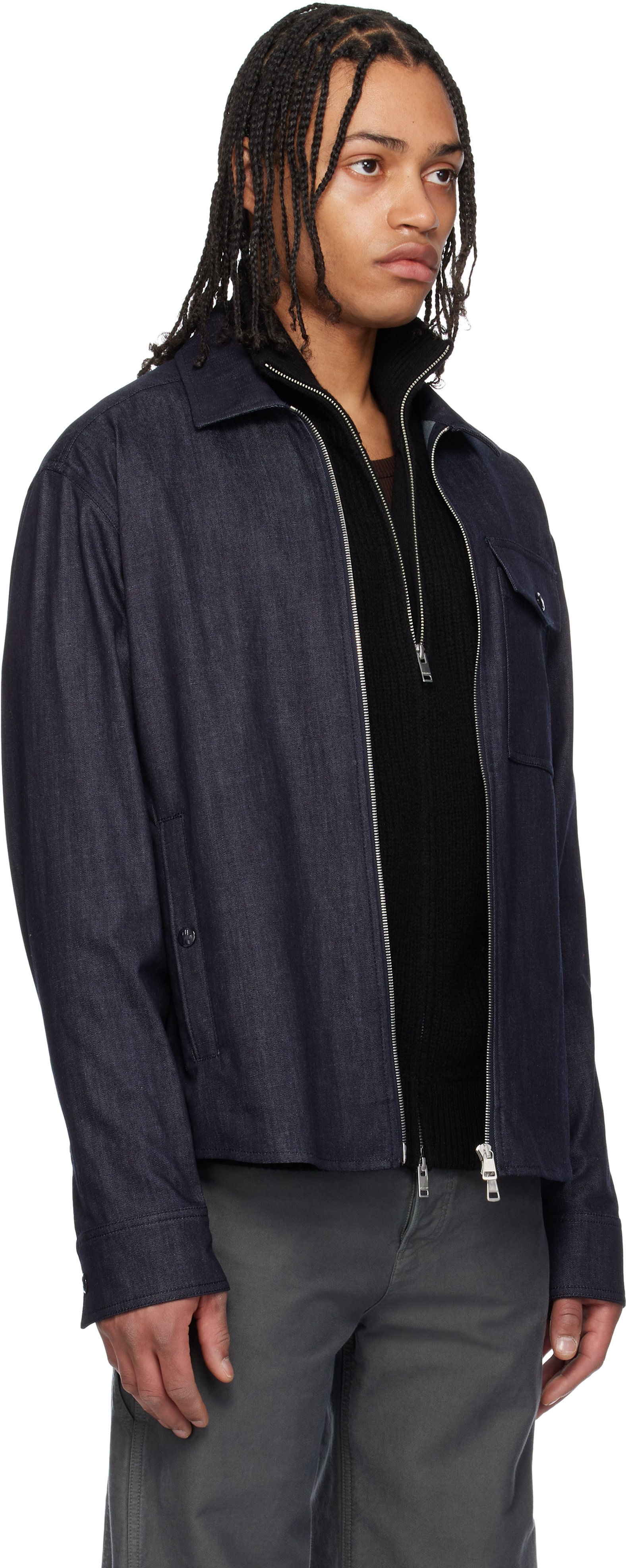 Moncler: Blue Long Sleeve Zip-Up Denim Jacket | SSENSE