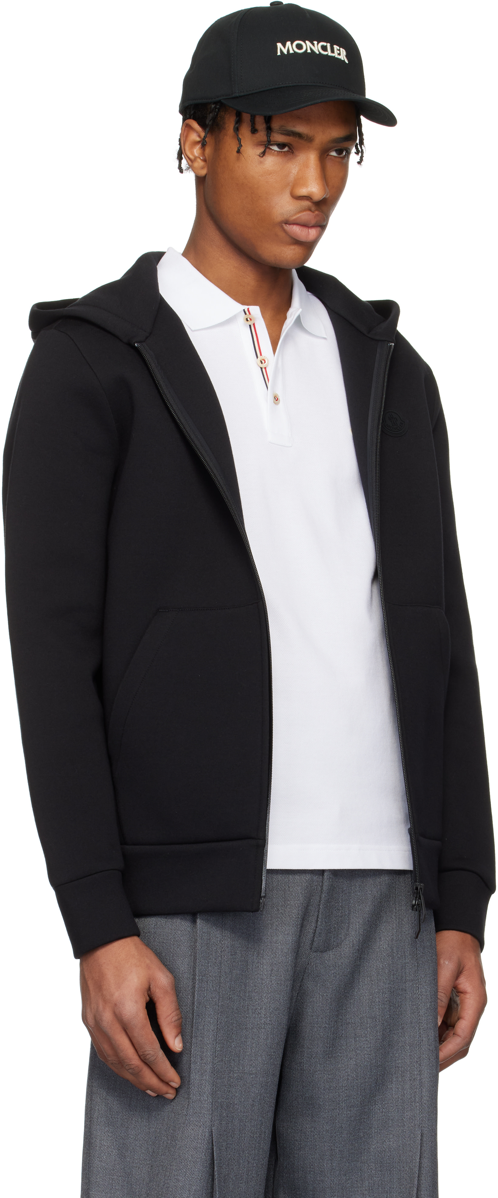 Moncler: Black Cotton & Neoprene Zip-Up Hoodie | SSENSE