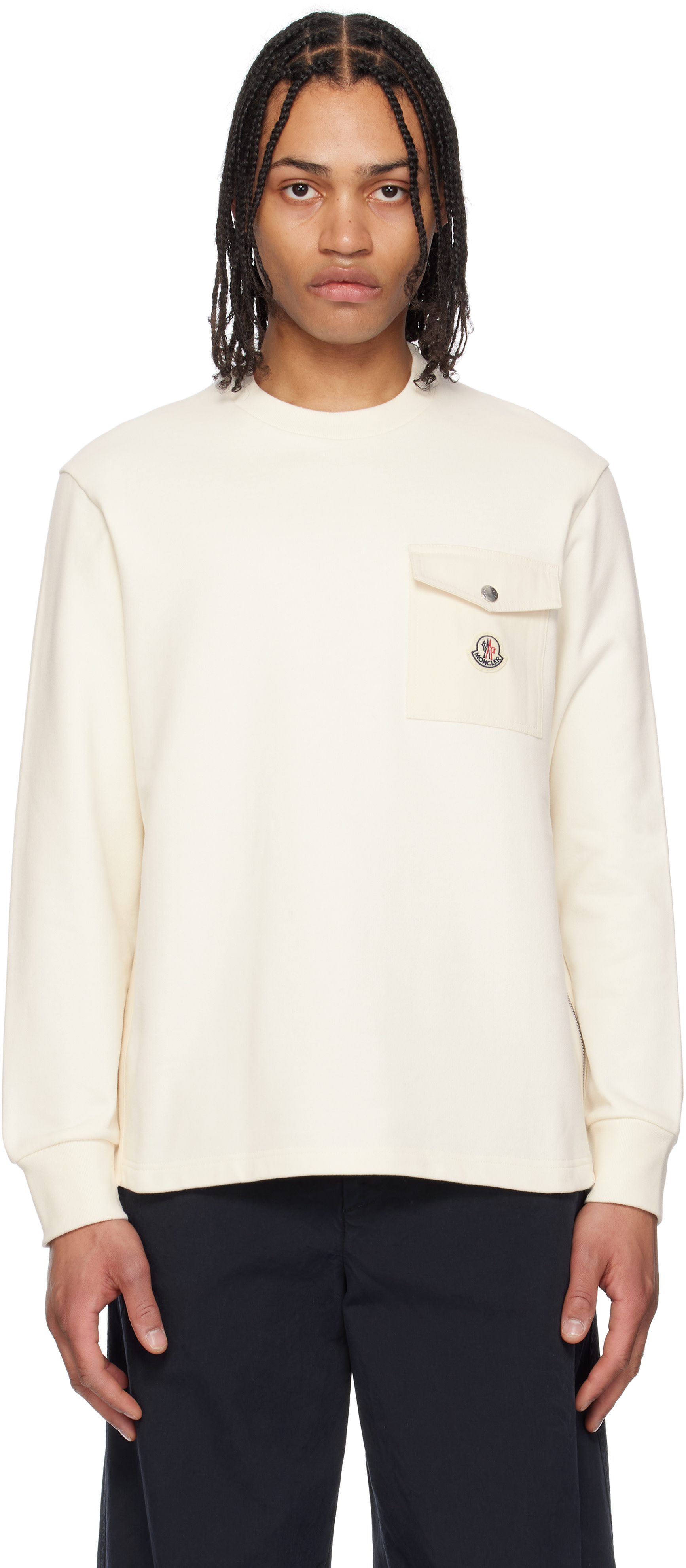 Moncler - Pull molletonné blanc cassé en coton à poche