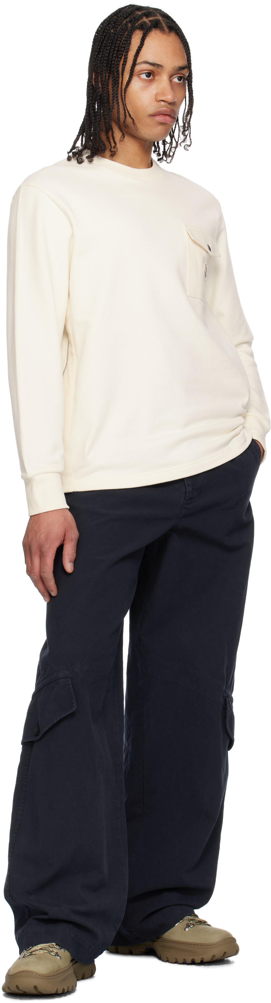 Moncler - Pull molletonné blanc cassé en coton à poche