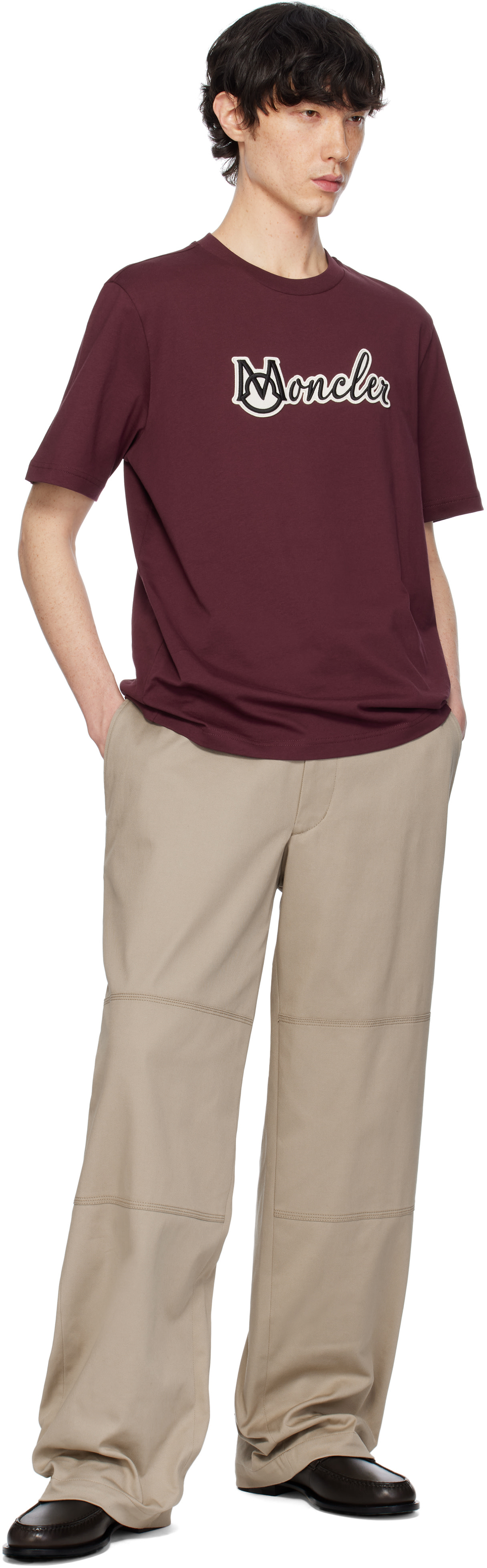 Moncler: Burgundy Embroidered Varsity Logo Cotton T-shirt | SSENSE