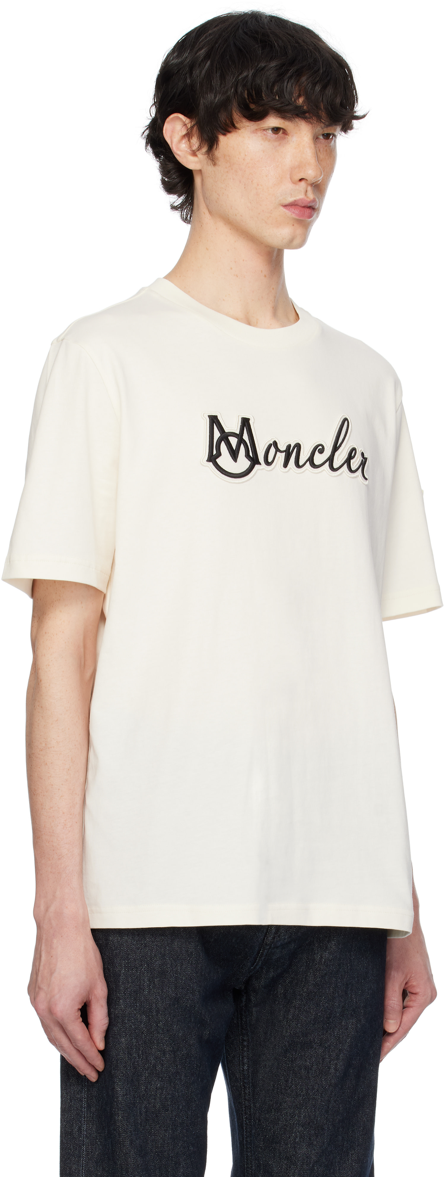Moncler: Off-White Embroidered Varsity Logo Cotton T-shirt | SSENSE