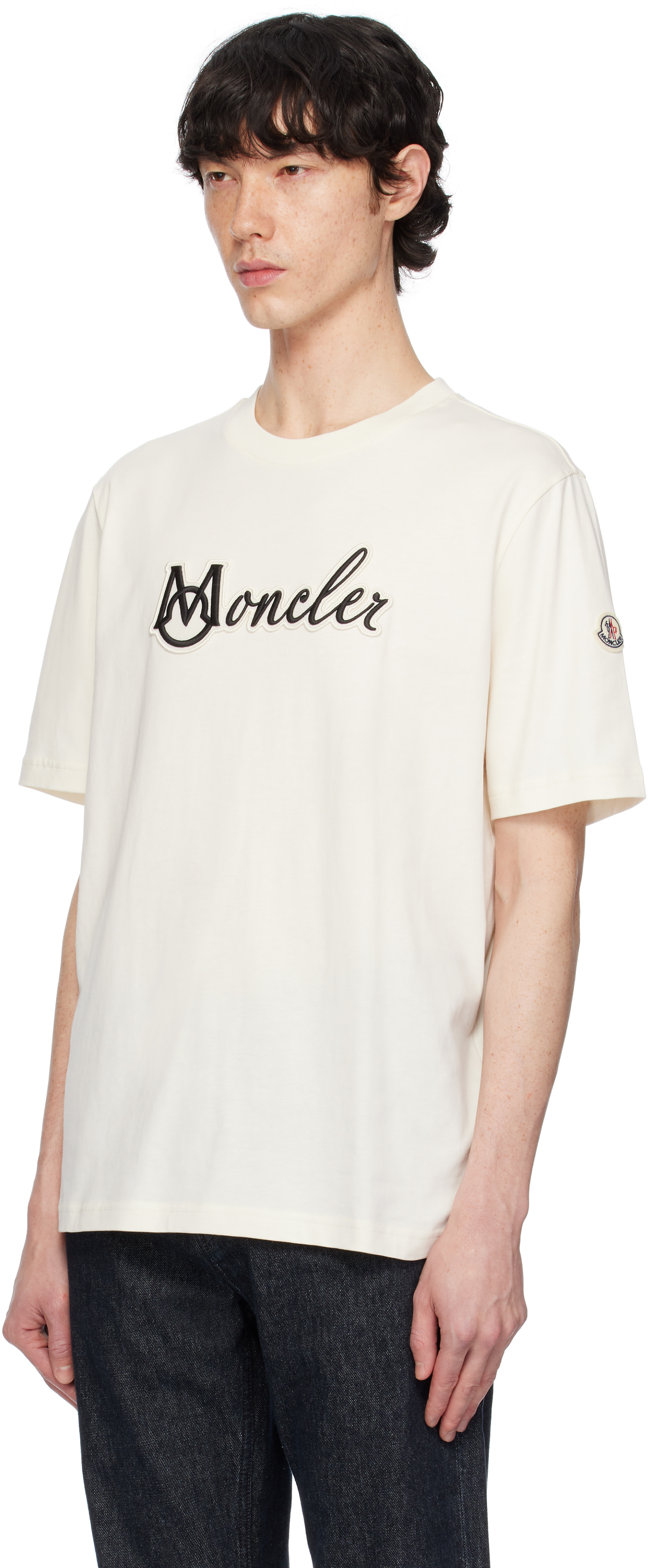 Moncler: Off-White Embroidered Varsity Logo Cotton T-shirt | SSENSE