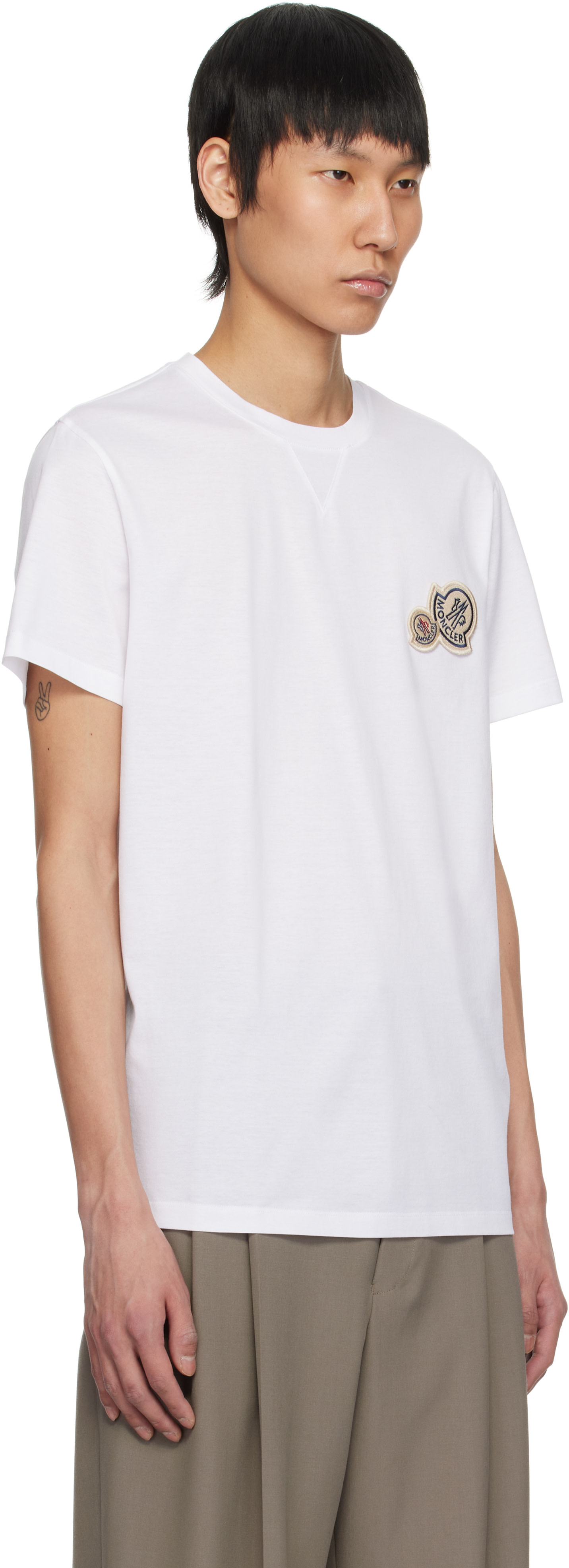 Moncler: White Double Logo Patch Cotton T-shirt | SSENSE