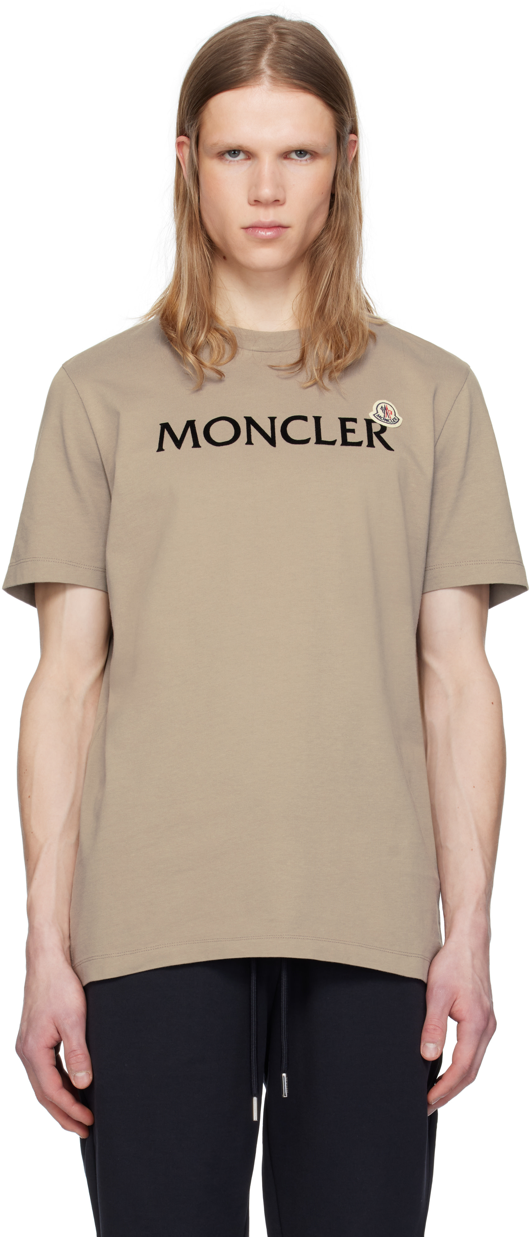 Moncler: Beige Flocked Logo Cotton T-shirt | SSENSE