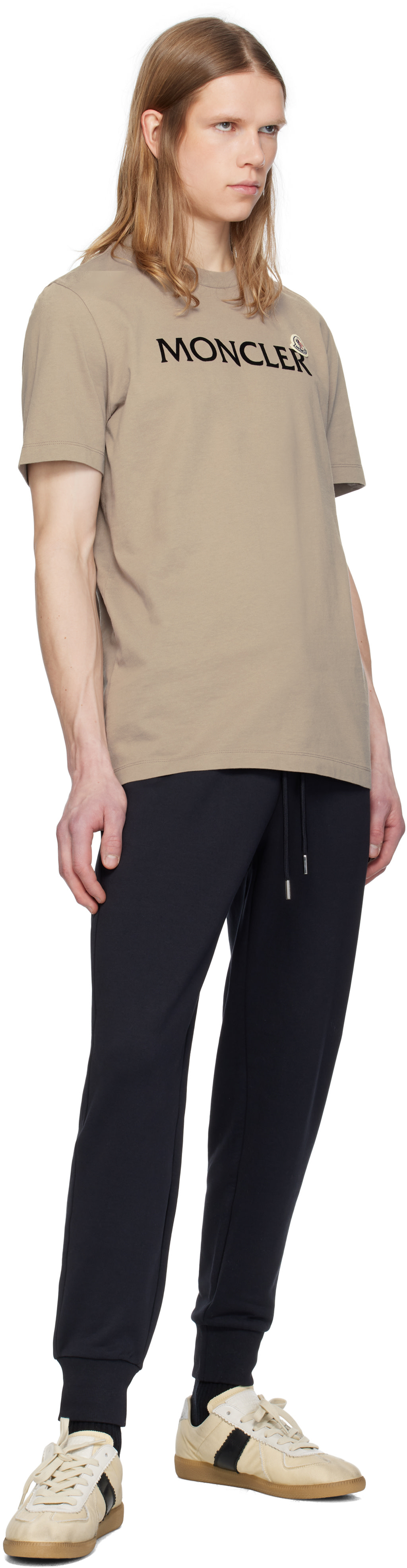 Moncler: Beige Flocked Logo Cotton T-shirt | SSENSE