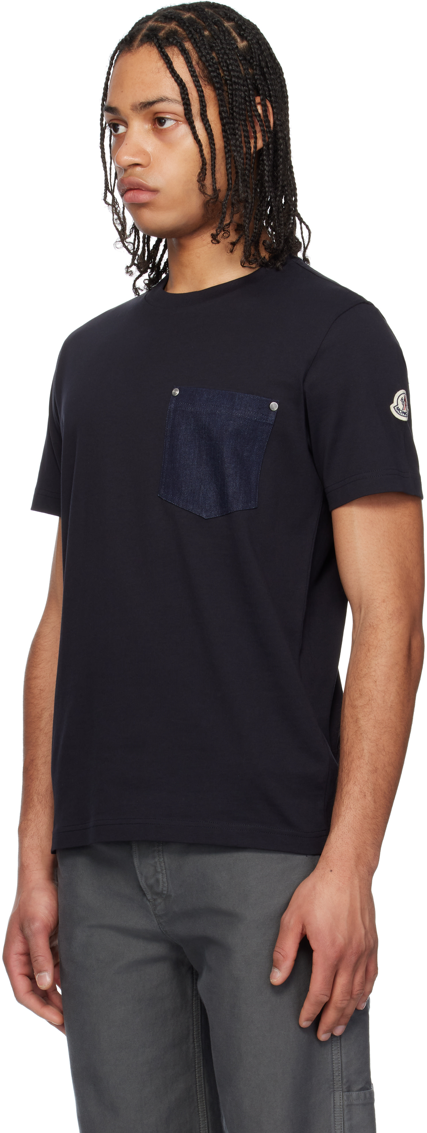 Moncler: ネイビー コットン＆デニム ポケットTシャツ | SSENSE 日本