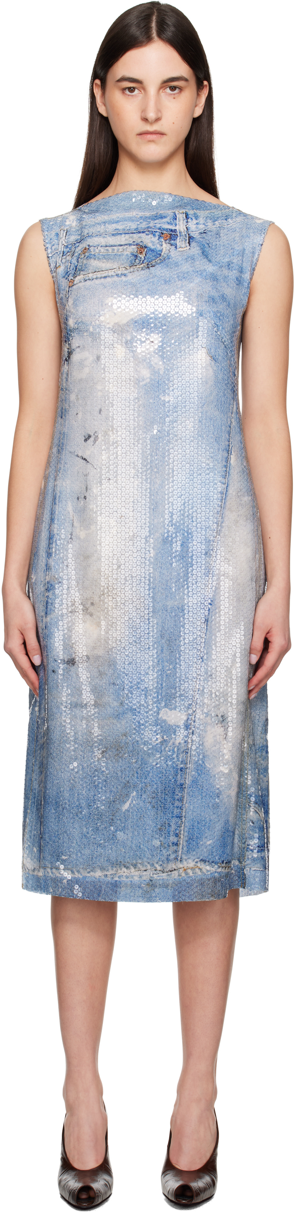 Acne Studios: Blue Printed Sequin Midi Dress | SSENSE Singapore